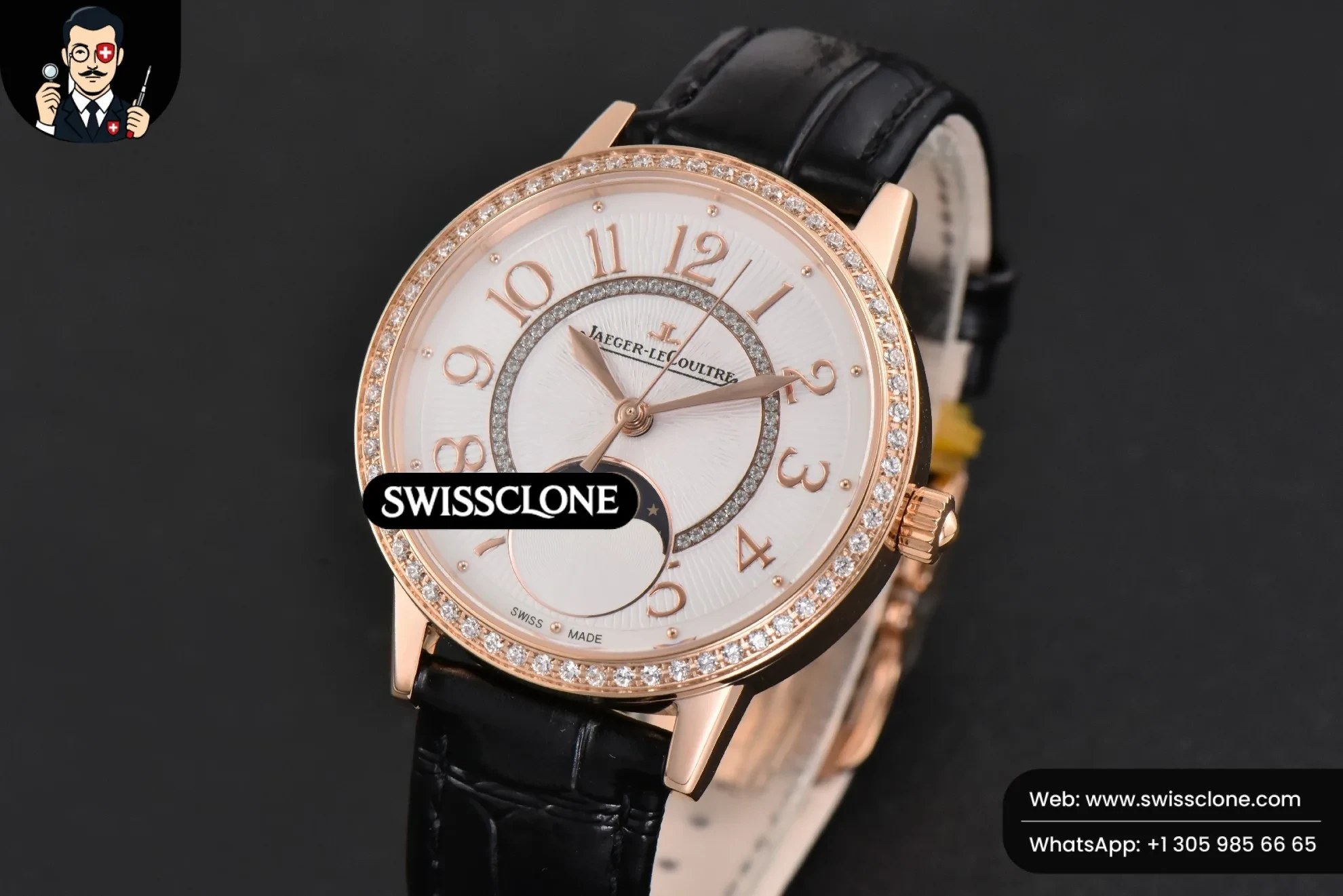 Rolex Rendez Vous Moon 34mm GF Diamond White Textured Dial Black Leather 1:1 Super Clone - Bezel & Case Profile