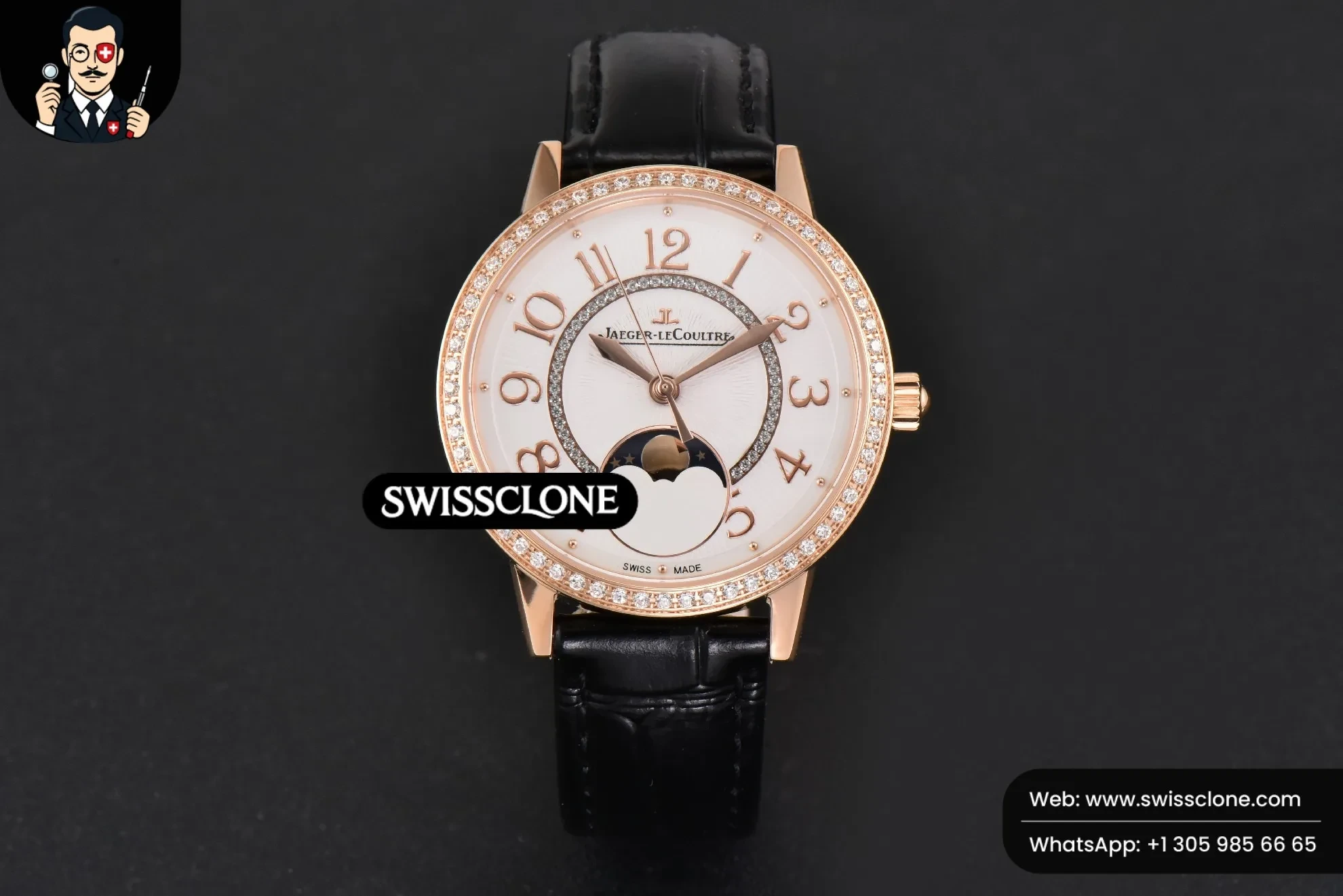 Rolex Rendez Vous Moon 34mm GF Diamond White Textured Dial Black Leather 1:1 Super Clone - Dial Macro Close-Up