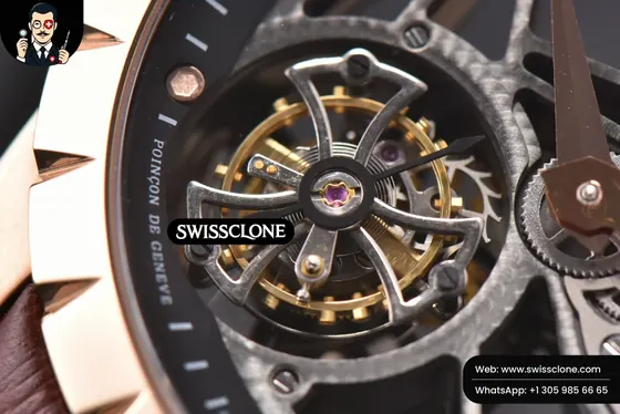 Rolex Roger Dubuis Excalibur JBF 45mm Black Crown Skeleton Dial Brown Croc Leather Tourbillon 1:1 Super Clone - On-Wrist Presence View
