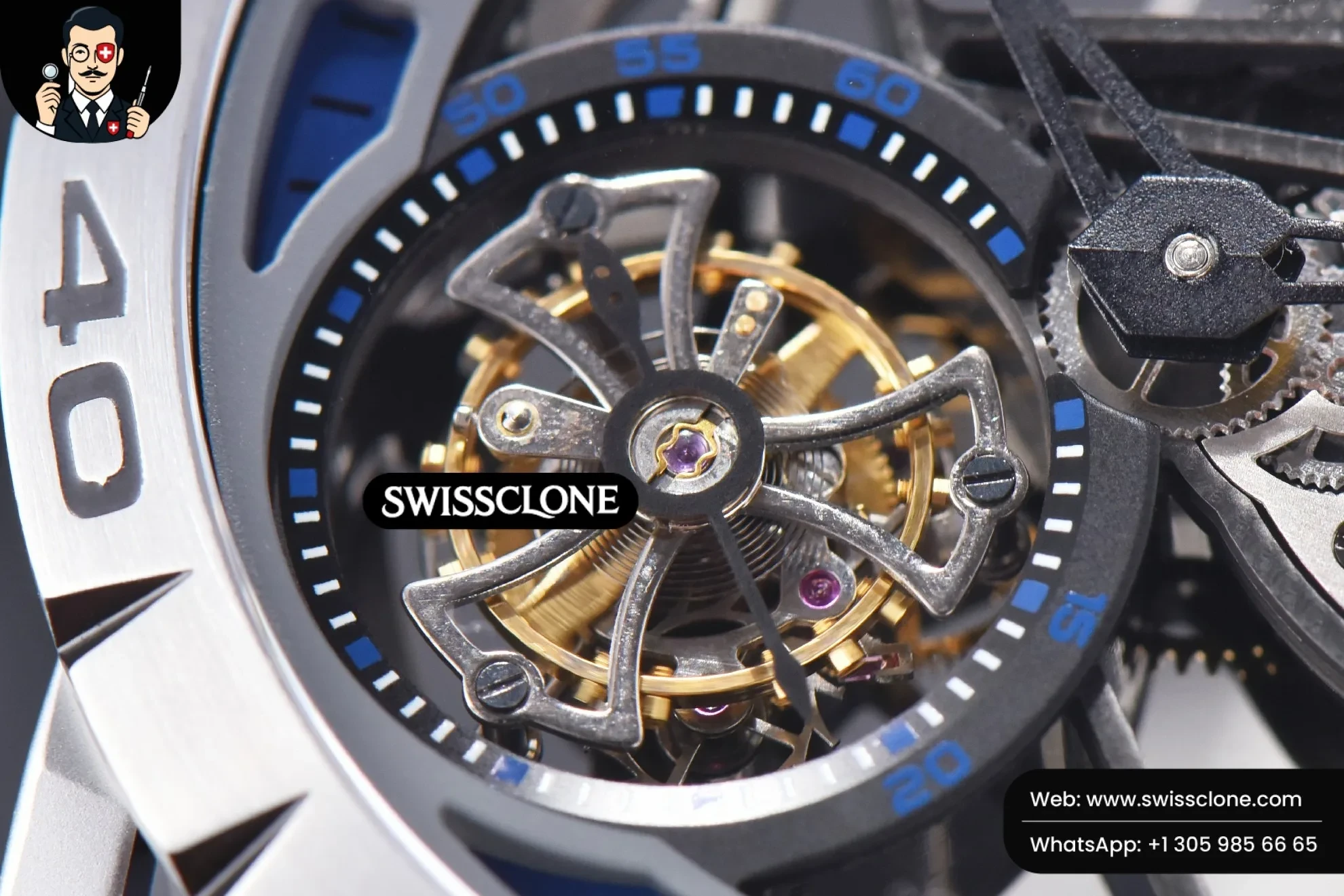 Rolex Roger Dubuis Excalibur Sports Tourbillon Titanium JBF 46mm Skeleton Dial Blue Crown White Rubber 1:1 Super Clone - Caseback & Cloned Calibre Movement