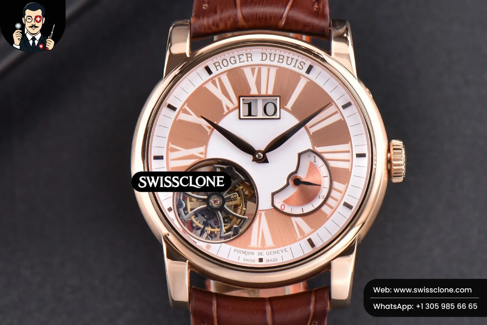 Roger Dubuis Hommage Flying Tourbillon RDDBHO0568 JBF 43mm White/RG Dial Brown Croc Leather