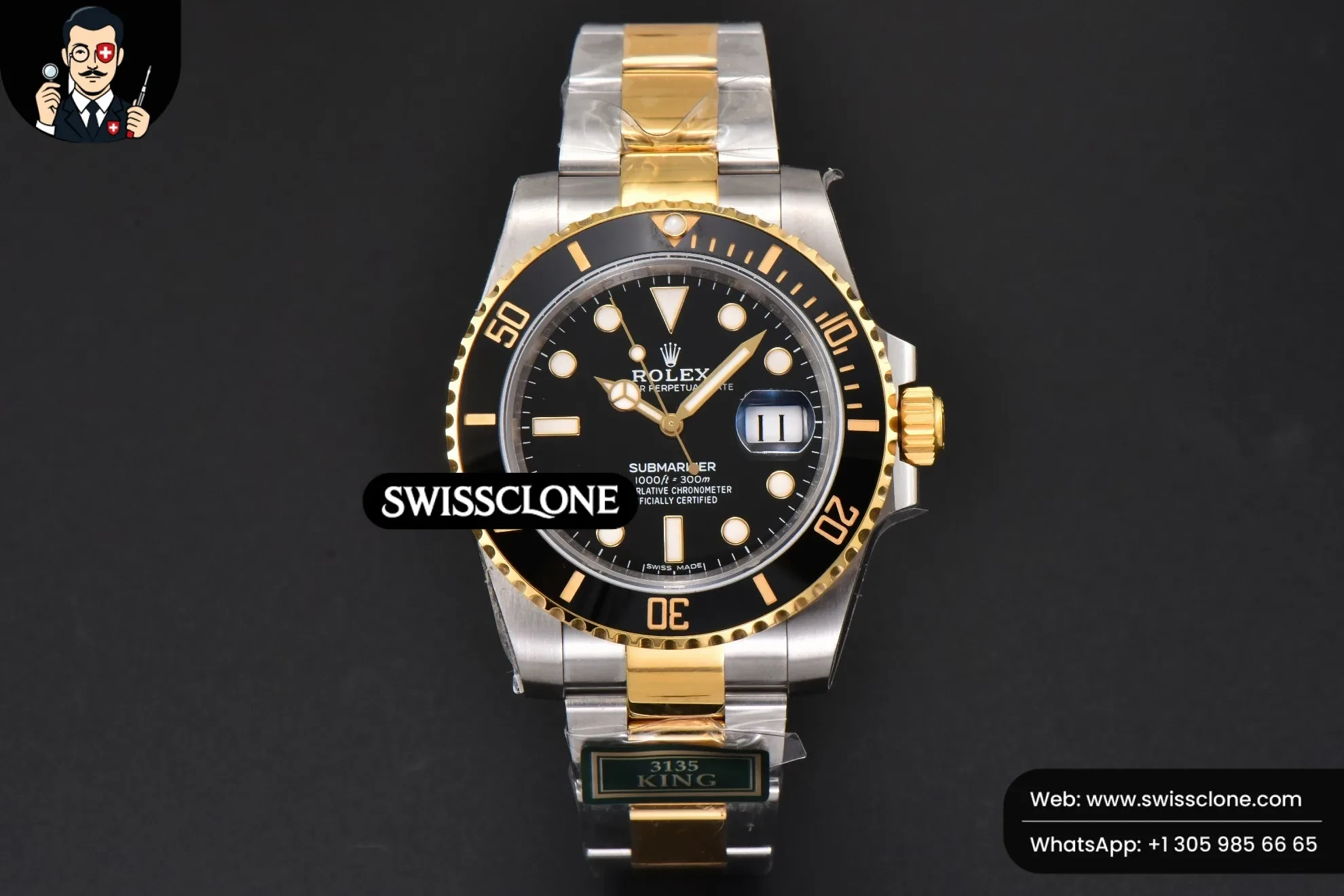 Rolex Submariner 116613 LN 904L King YG/SS Black Ceramic Black Dial VR3135 1:1 Super Clone - Dial Macro Close-Up
