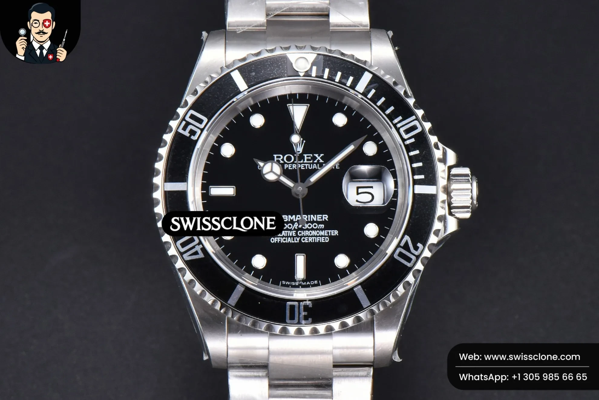 Rolex Submariner 16610 LN Black Bezel 904L 40mm RAF SH3135 No Rehaut 1:1 Super Clone - Dial Macro Close-Up