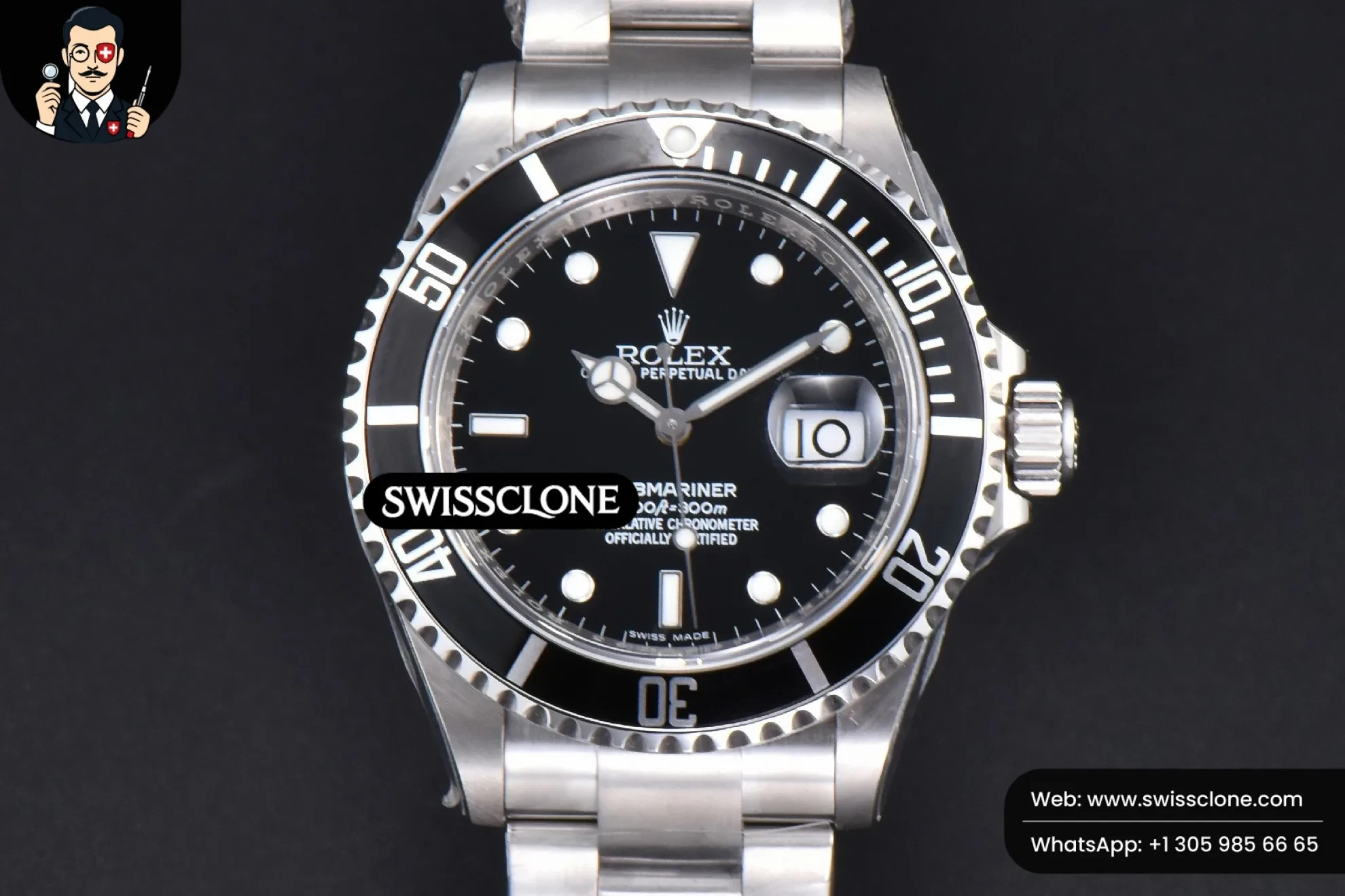 Rolex Submariner 16610 LN Black Bezel 904L 40mm RAF SH3135 Rehaut 1:1 Super Clone - Dial Macro Close-Up