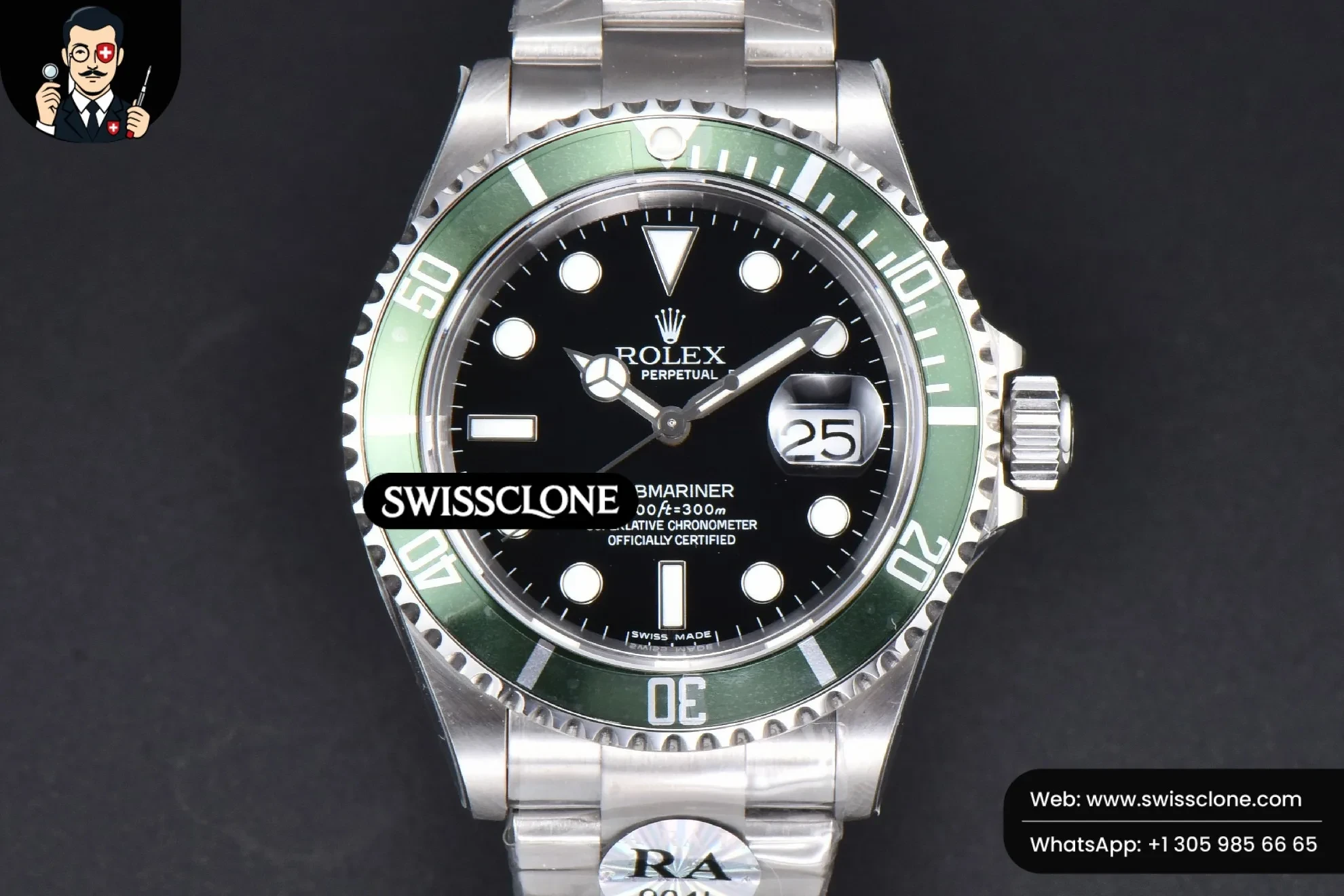 Rolex Submariner 16610 LV Green Bezel 904L 40mm RAF SH3135 No Rehaut 1:1 Super Clone - Dial Macro Close-Up