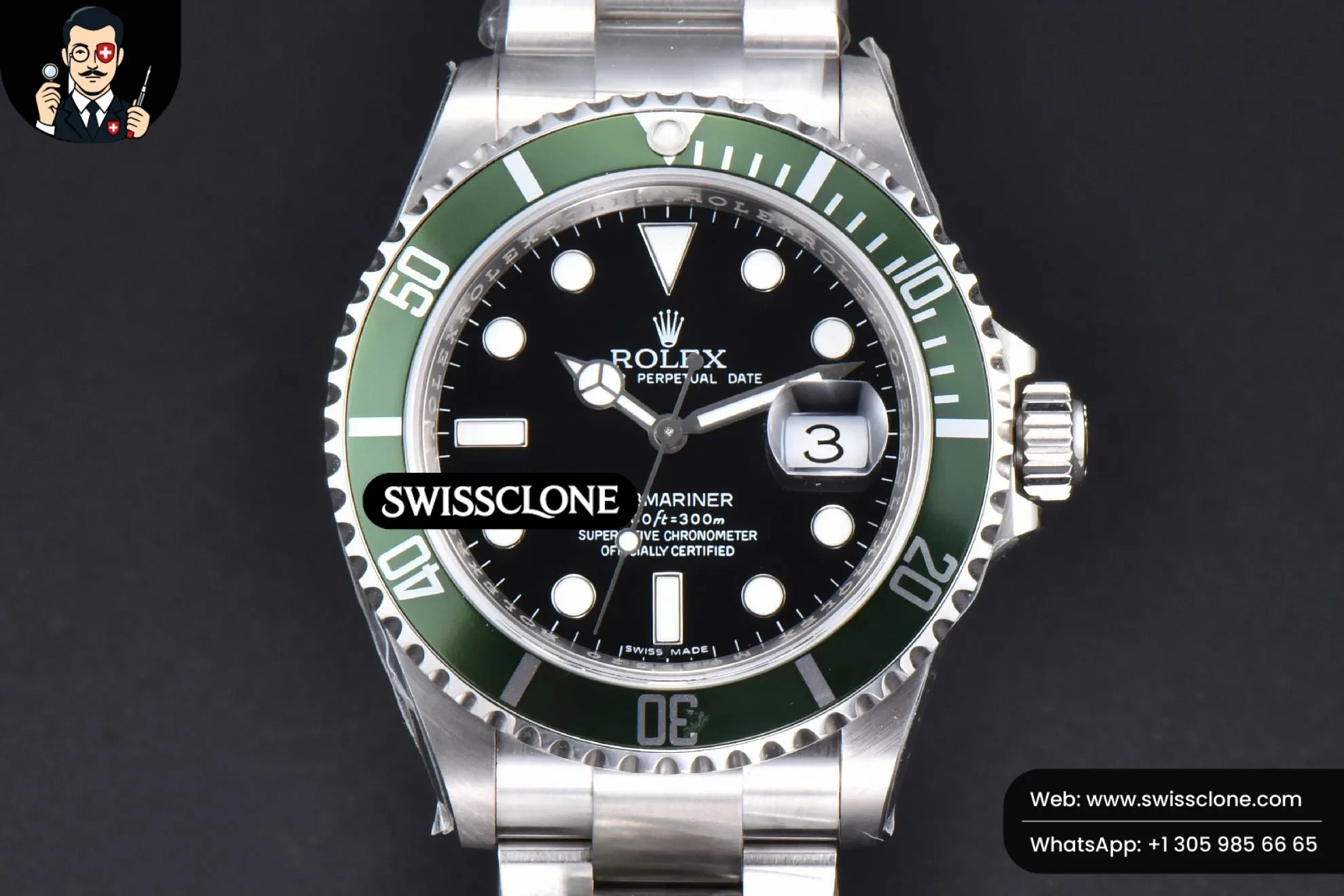 Rolex Submariner 16610 LV Green Bezel 904L 40mm RAF SH3135 Rehaut 1:1 Super Clone - Dial Macro Close-Up