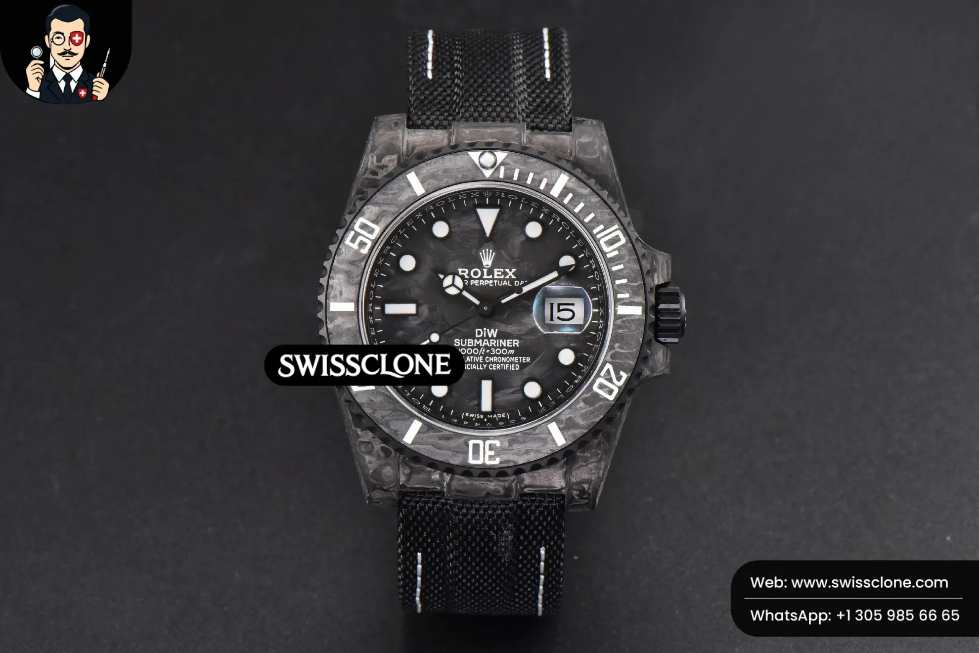 Rolex Submariner 40mm DIW Forged Carbon Black Element Nylon 1:1 Super Clone - Dial Macro Close-Up