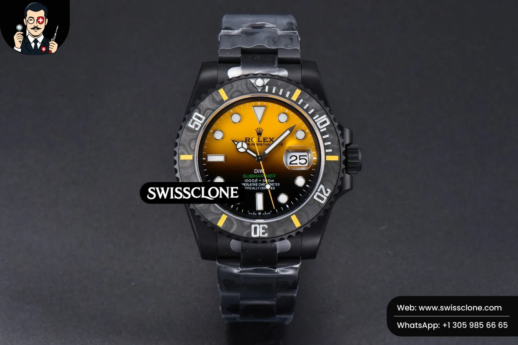 Rolex Submariner DIW DLC 41mm Yellow Gradient Dial VS3135 1:1 Super Clone - Dial Macro Close-Up