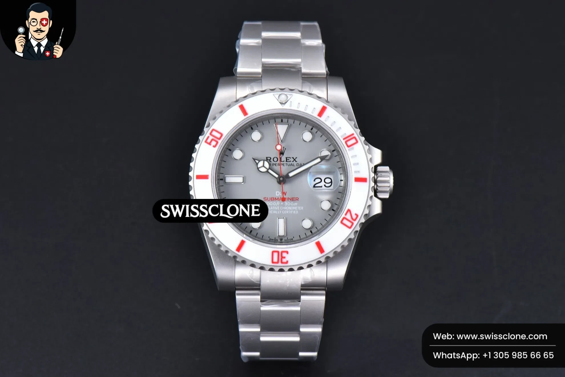 Rolex Submariner DIW Sandblasted 41mm Gray Dial White Bezel Red Text VS3135 1:1 Super Clone - Dial Macro Close-Up