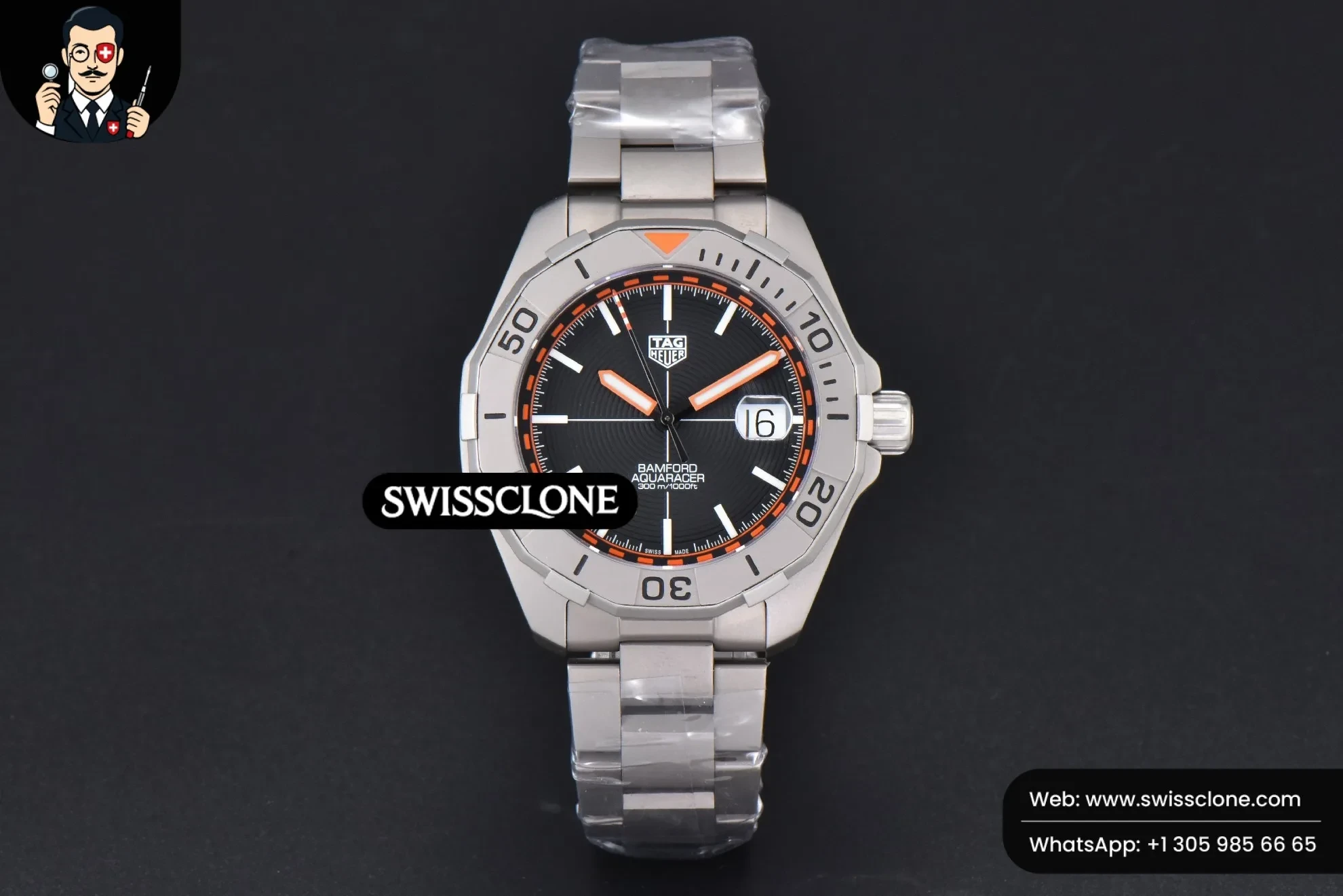 Rolex Tag Heuer Aquaracer Bamford OF 43mm Black/Orange Dial BraceletAquaracer Calibre 7 GMT OF 43mm Blue/Red Bezel Black Dial SW200 1:1 Super Clone - Dial Macro Close-Up