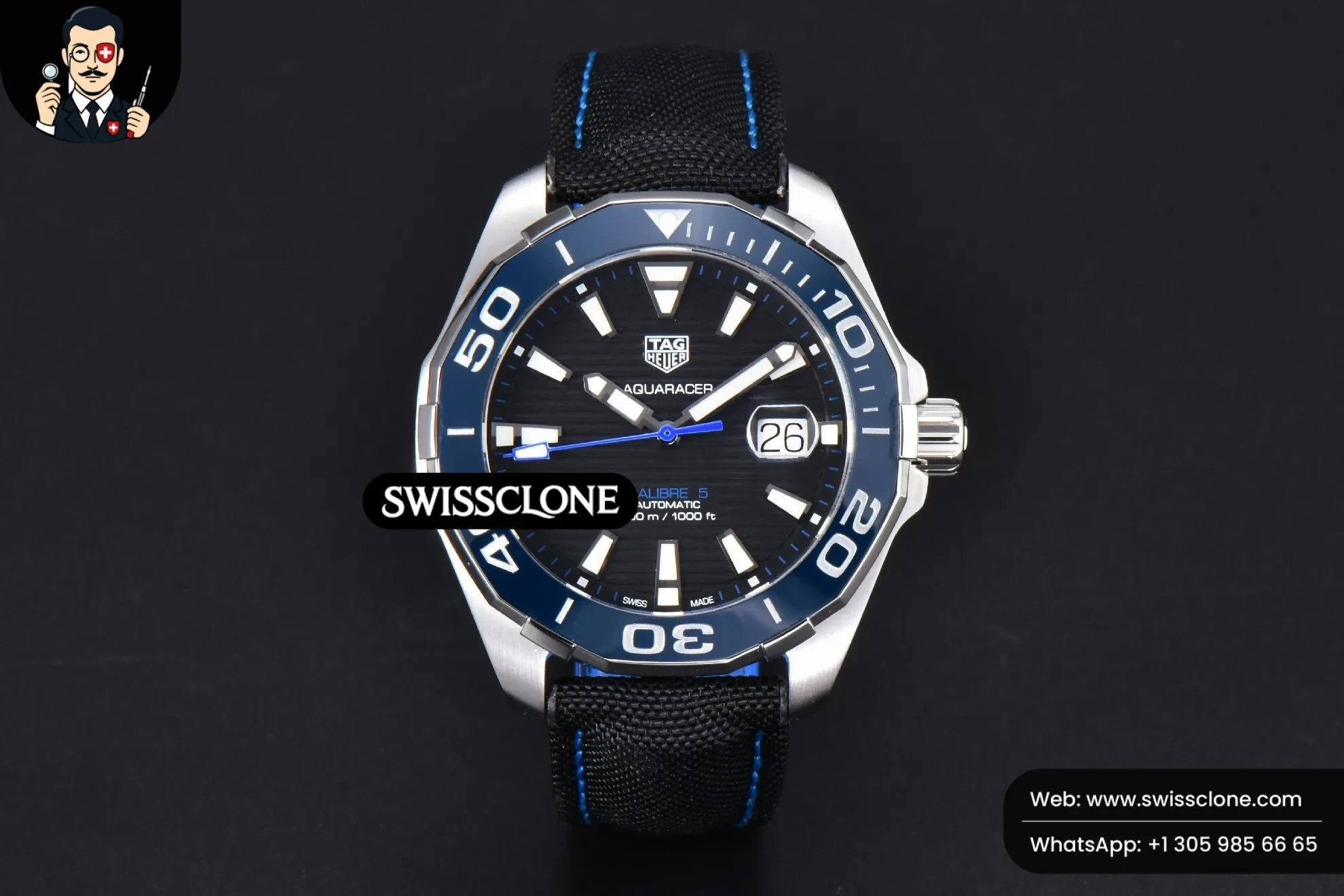 Rolex Tag Heuer Aquaracer Caliber 5 43mm OF Black Dial Blue Hand Black Nylon SW200 1:1 Super Clone - Dial Macro Close-Up