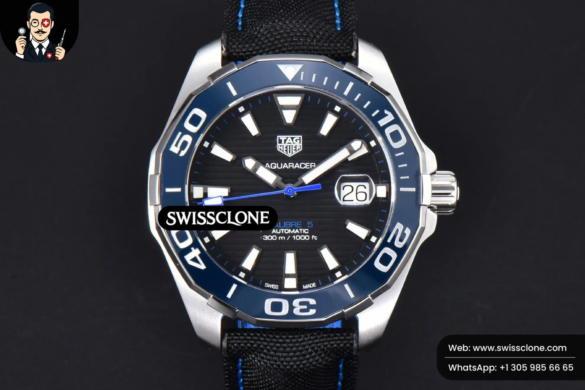 Tag Heuer Aquaracer Caliber 5 43mm OF Black Dial Blue Hand Black Nylon SW200