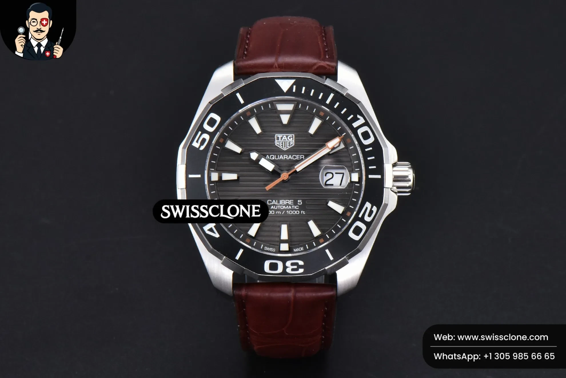 Rolex Tag Heuer Aquaracer Caliber 5 43mm OF Black Dial Brown Hand Brown Leather SW200 1:1 Super Clone - Dial Macro Close-Up