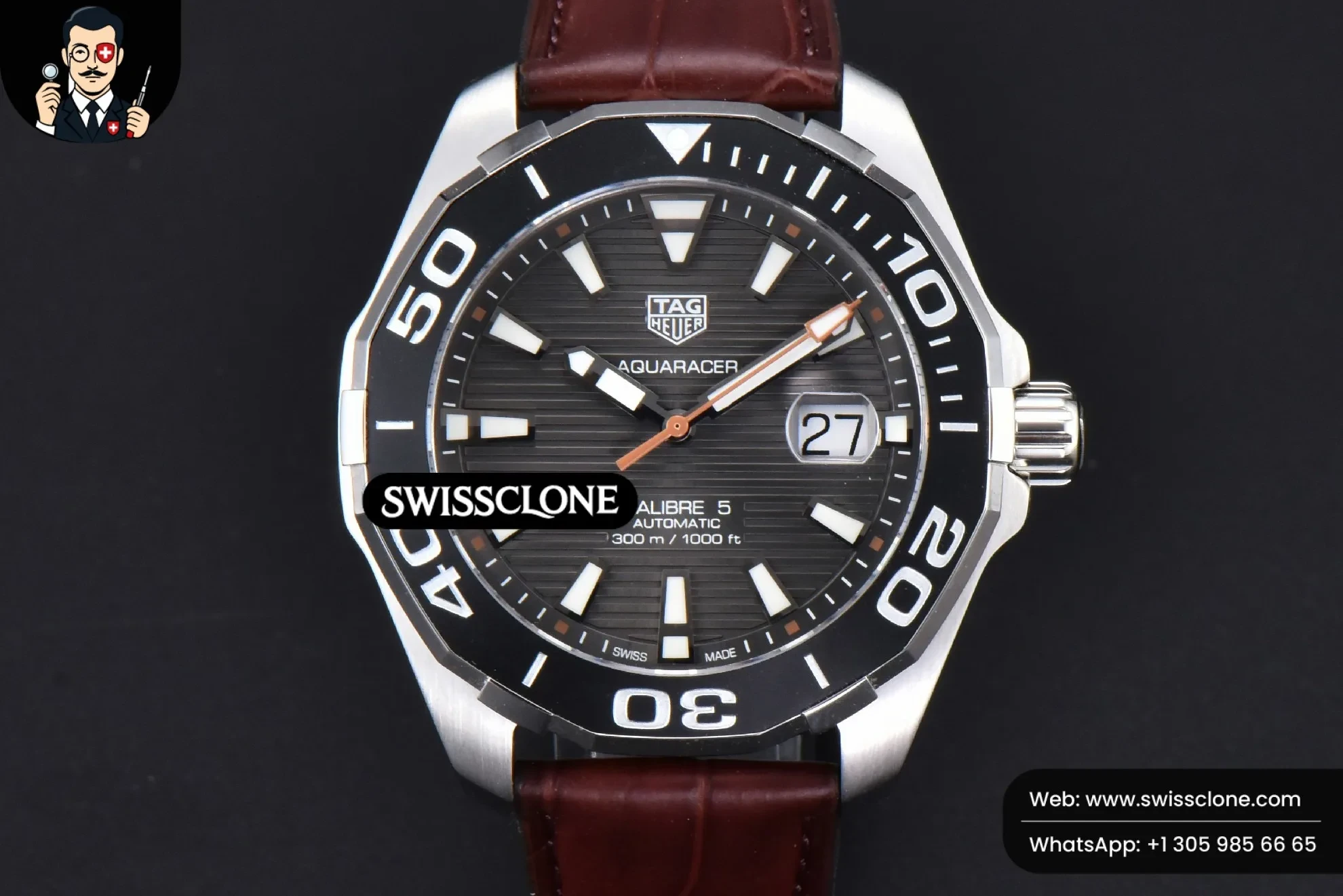Tag Heuer Aquaracer Caliber 5 43mm OF Black Dial Brown Hand Brown Leather SW200