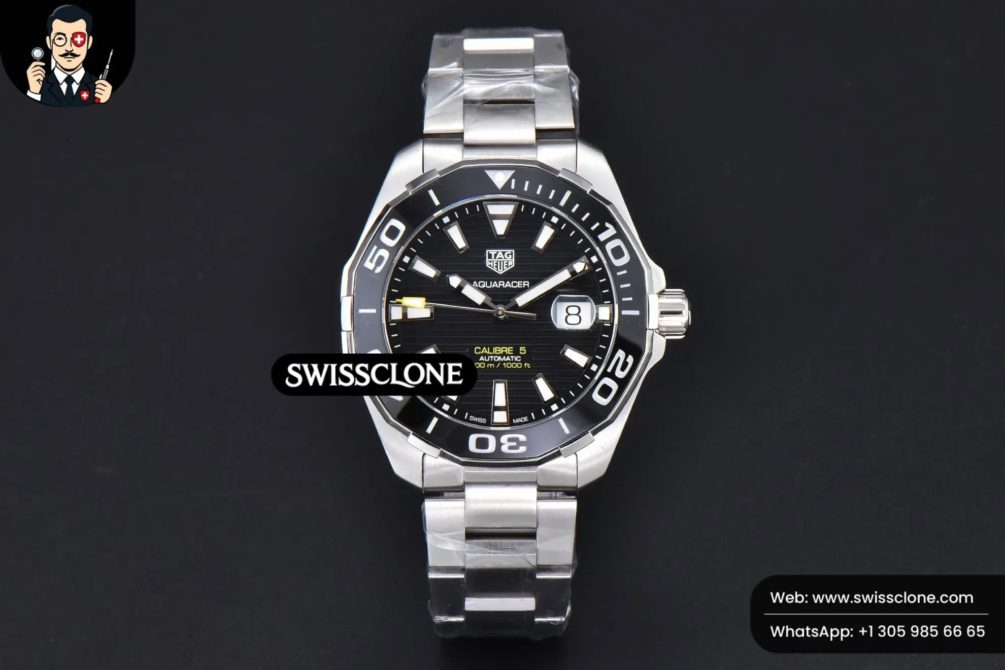 Rolex Tag Heuer Aquaracer Caliber 5 43mm OF Black Dial Silver Hand SW200 1:1 Super Clone - Dial Macro Close-Up