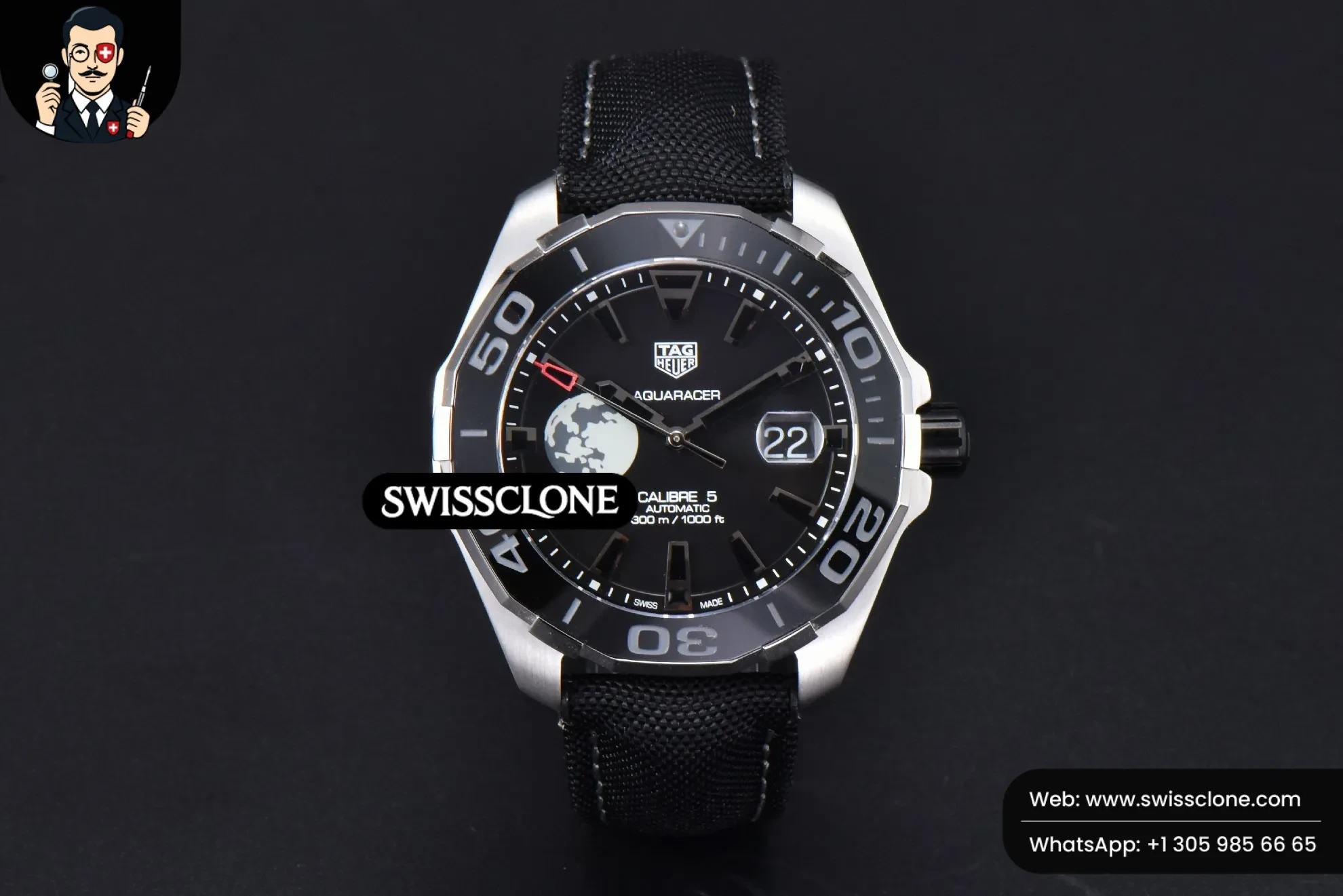 Rolex Tag Heuer Aquaracer Caliber 5 43mm OF Black Moon Dial Black Nylon SW200 1:1 Super Clone - Dial Macro Close-Up