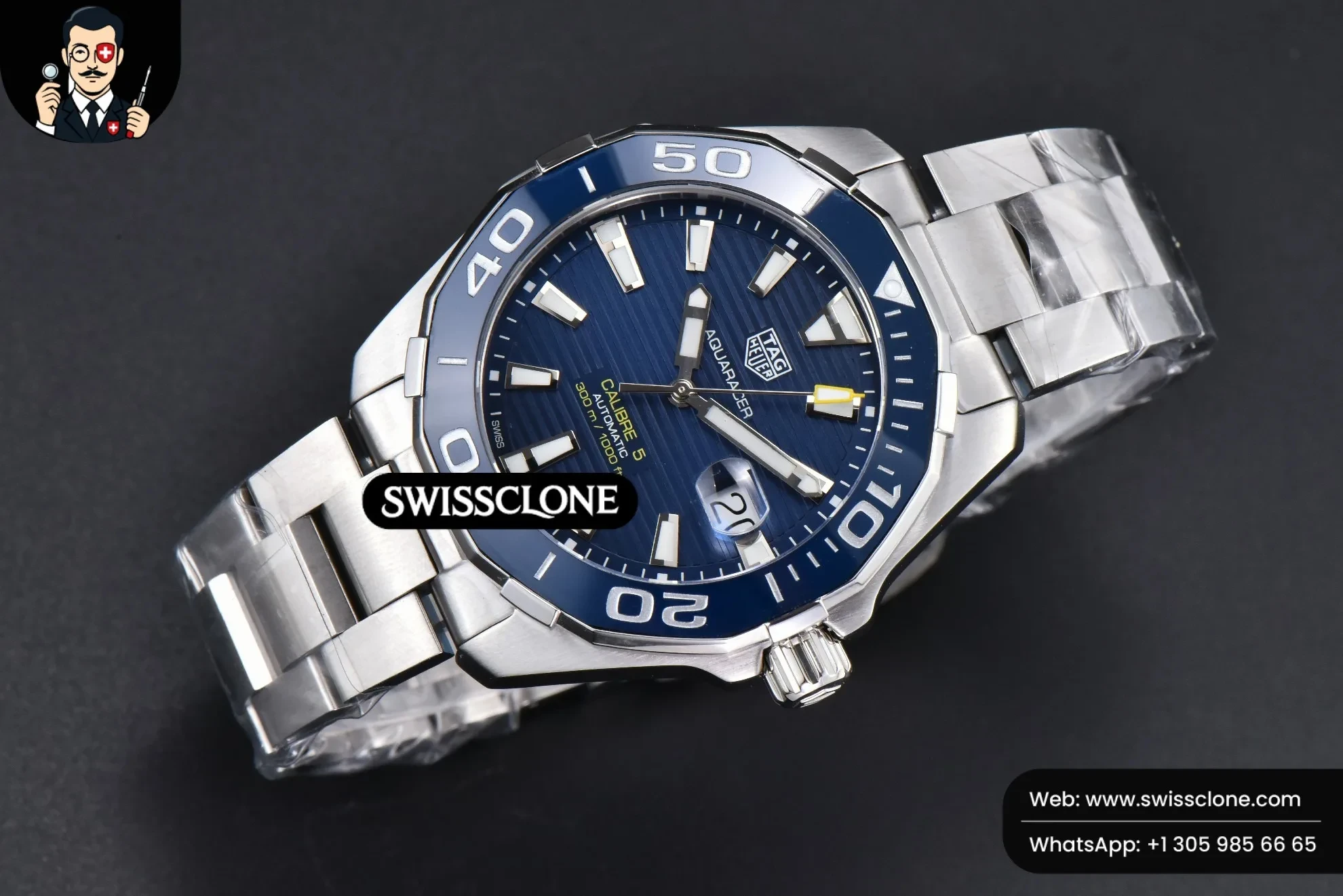 Rolex Tag Heuer Aquaracer Caliber 5 43mm OF Blue Dial Silver Hand SW200 1:1 Super Clone - Dial Macro Close-Up