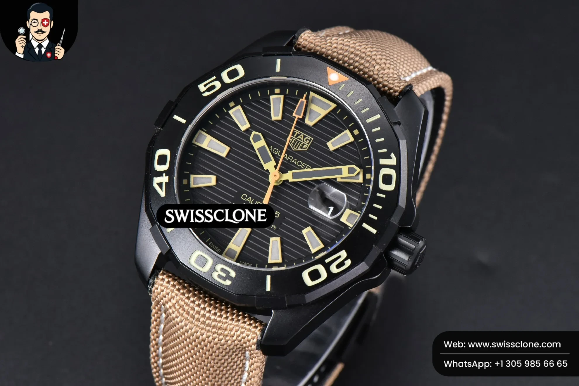 Rolex Tag Heuer Aquaracer Caliber 5 43mm OF Ceramic Black Dial Yellow Hand Brown Nylon SW200 1:1 Super Clone - Bezel & Case Profile
