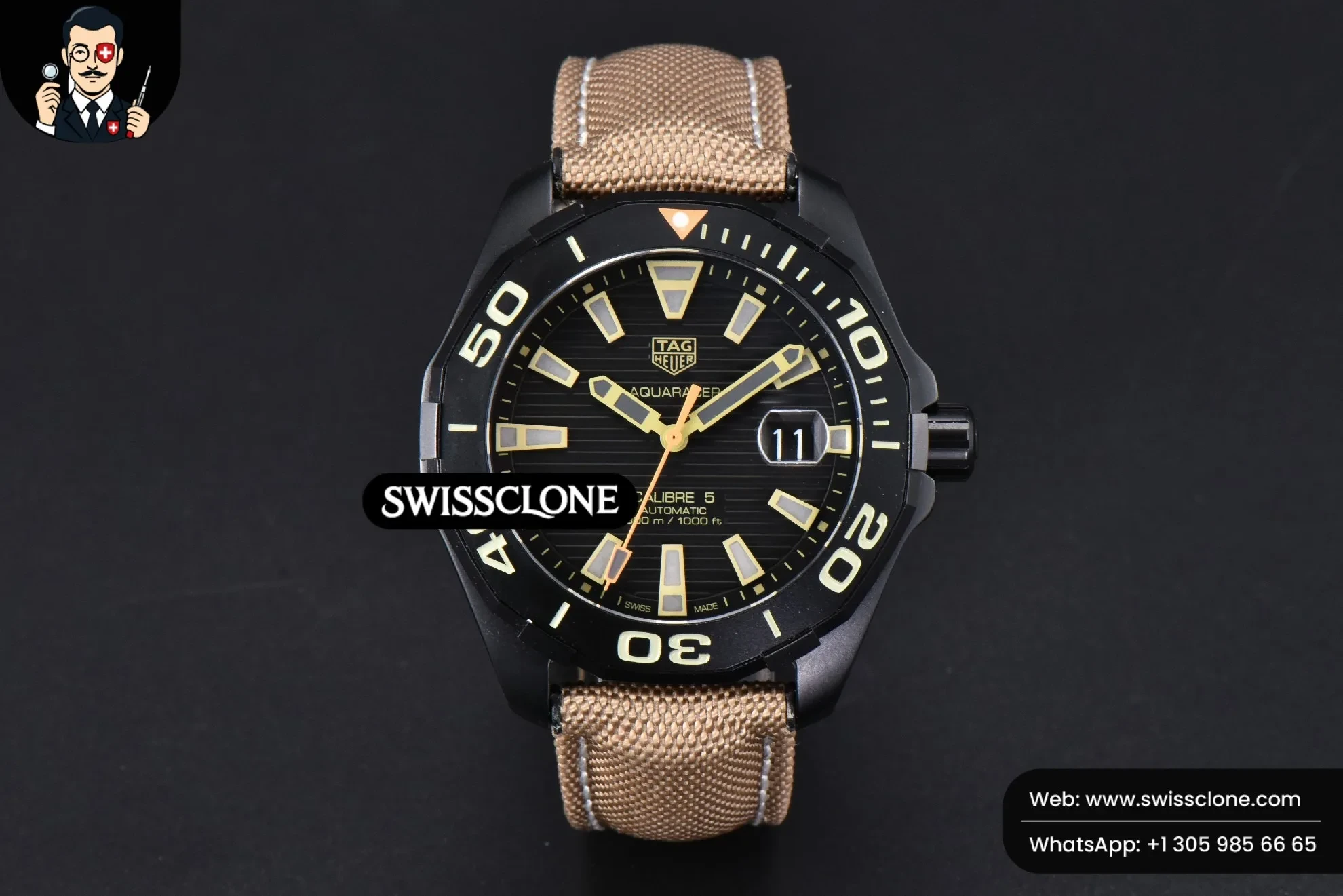 Rolex Tag Heuer Aquaracer Caliber 5 43mm OF Ceramic Black Dial Yellow Hand Brown Nylon SW200 1:1 Super Clone - Dial Macro Close-Up
