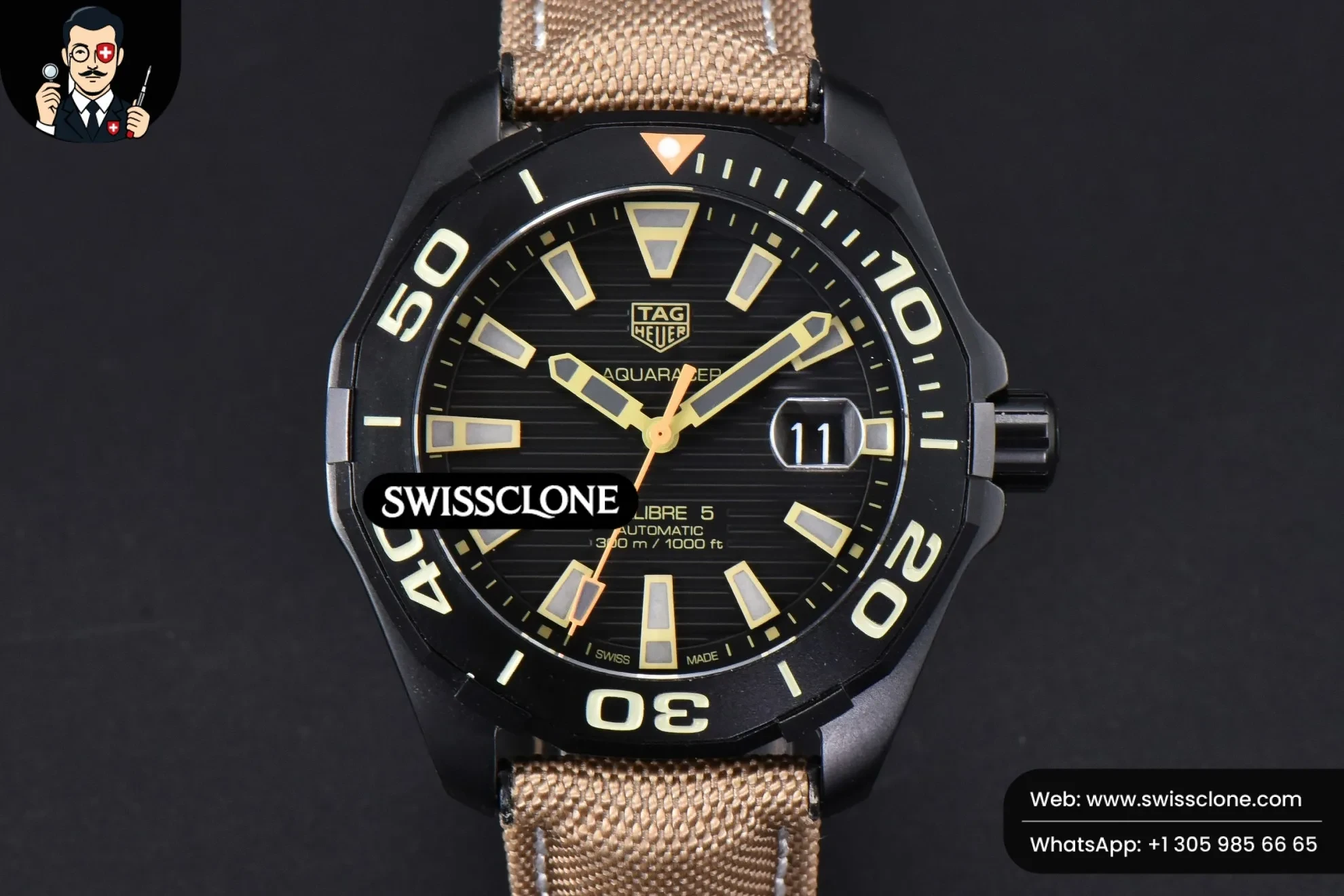 Tag Heuer Aquaracer Caliber 5 43mm OF Ceramic Black Dial Yellow Hand Brown Nylon SW200
