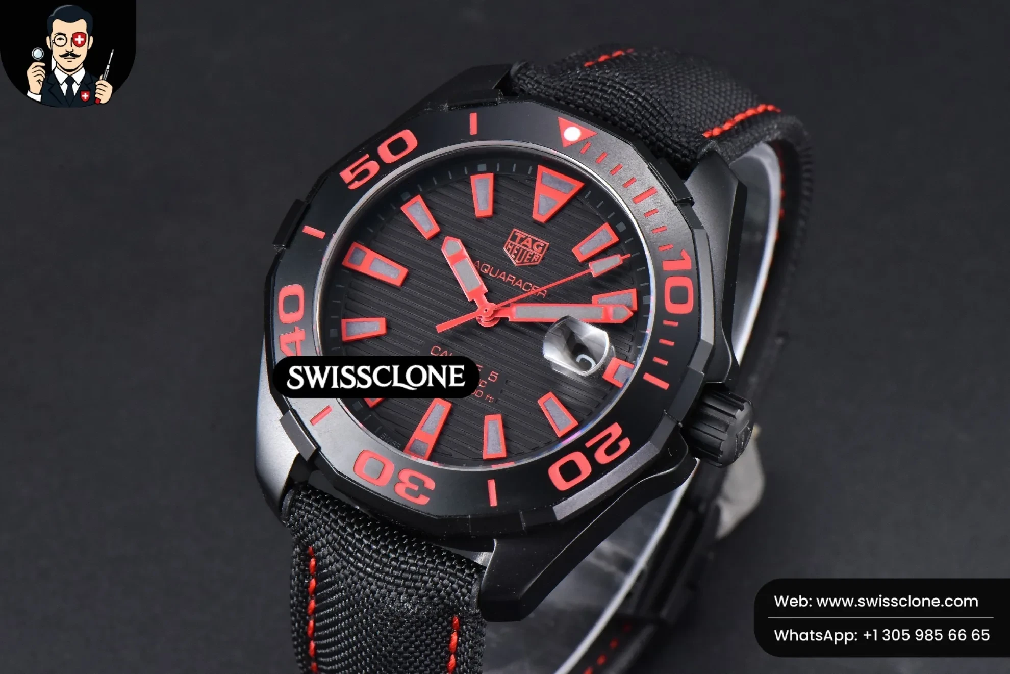 Rolex Tag Heuer Aquaracer Caliber 5 43mm OF Ceramic Black Red Hand Dial Black Nylon SW200 1:1 Super Clone - Dial Macro Close-Up