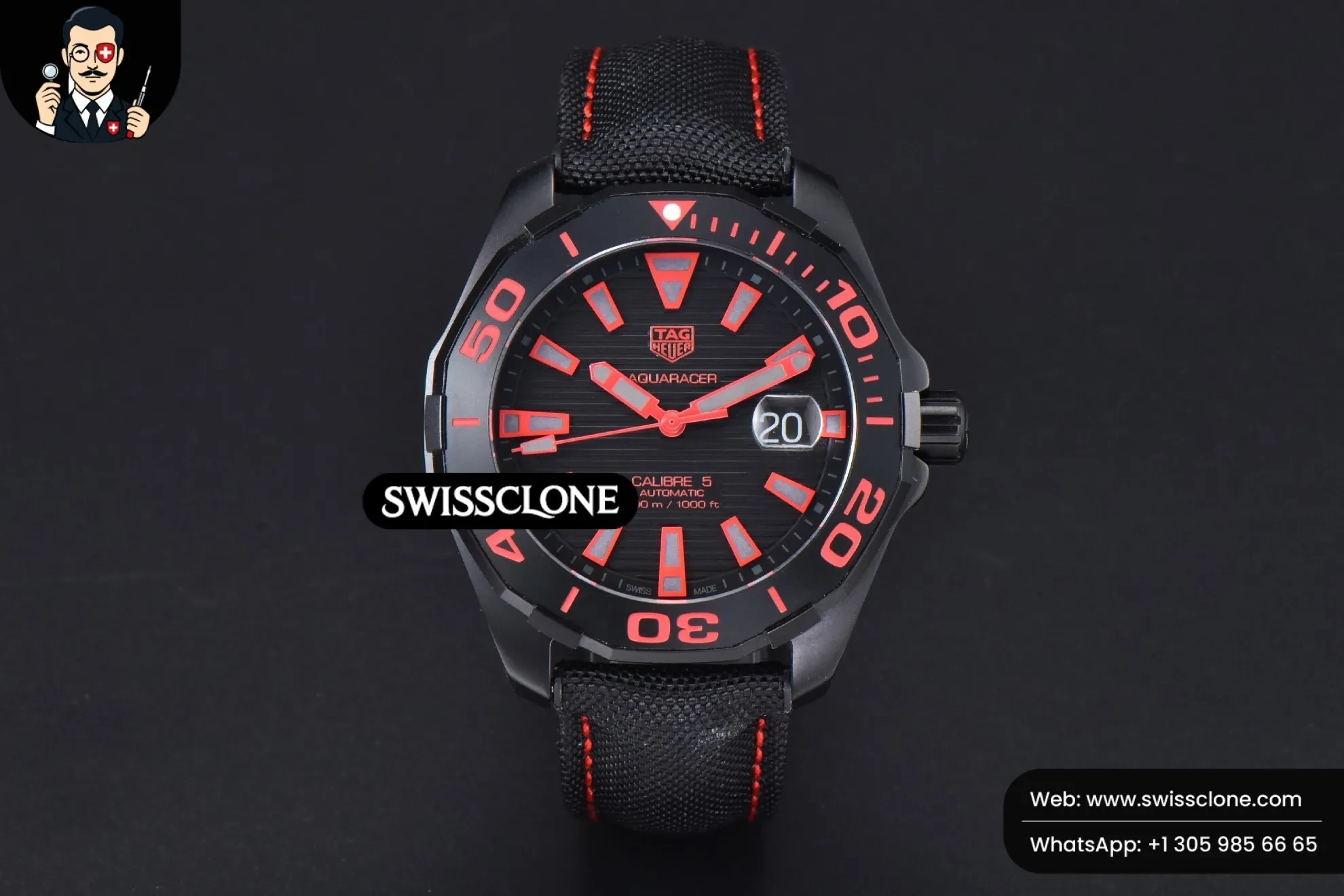 Tag Heuer Aquaracer Caliber 5 43mm OF Ceramic Black Red Hand Dial Black Nylon SW200