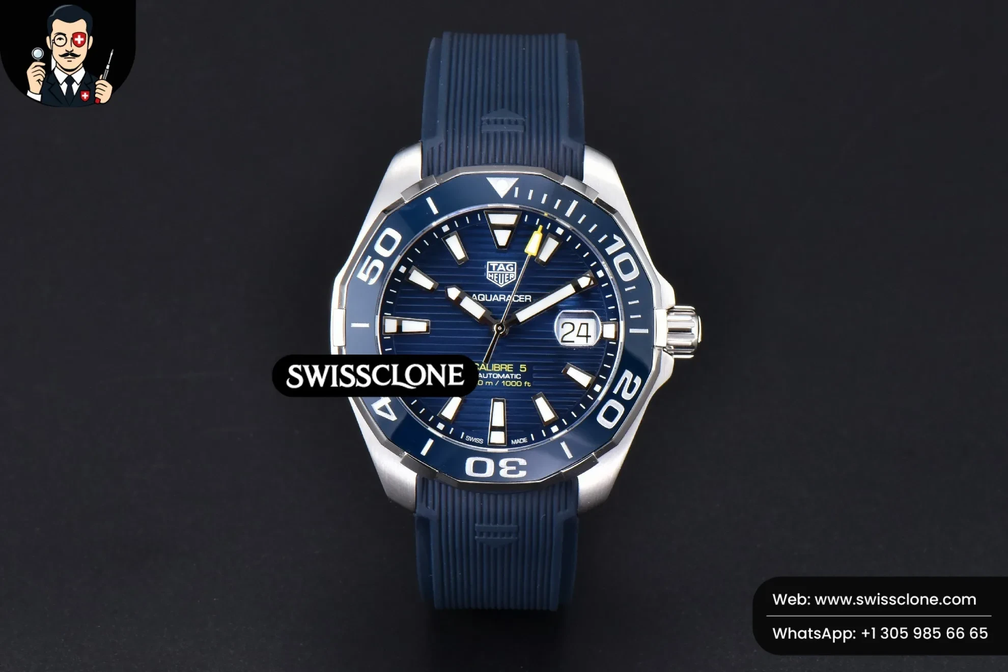 Rolex Tag Heuer Aquaracer Caliber 5 43mm OF Dark Blue Dial Blue Rubber SW200 1:1 Super Clone - Dial Macro Close-Up