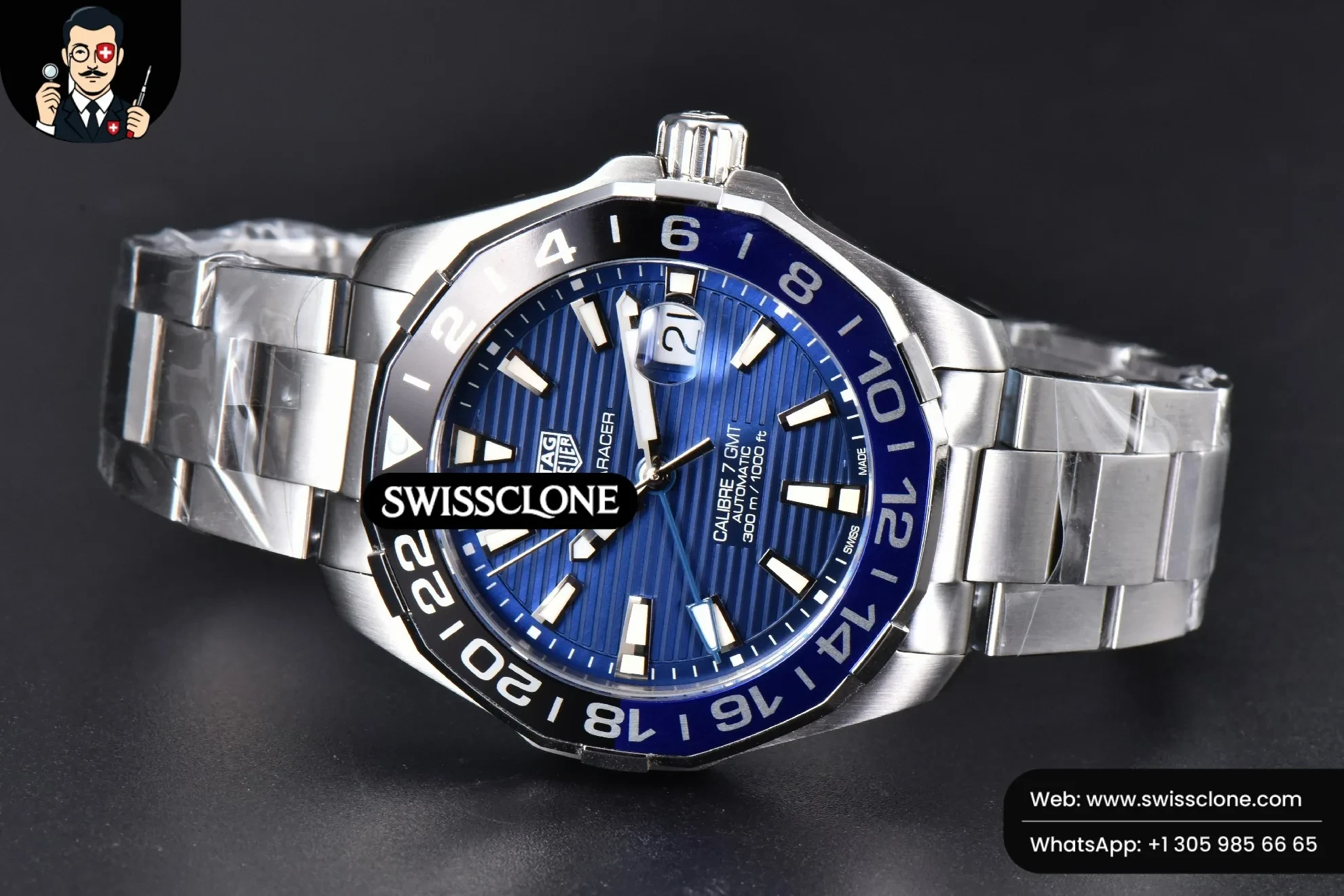 Rolex Tag Heuer Aquaracer Caliber 5 GMT 43mm OF Blue/Black Bezel Blue Dial SW200 1:1 Super Clone - Lateral Case Thickness Profile