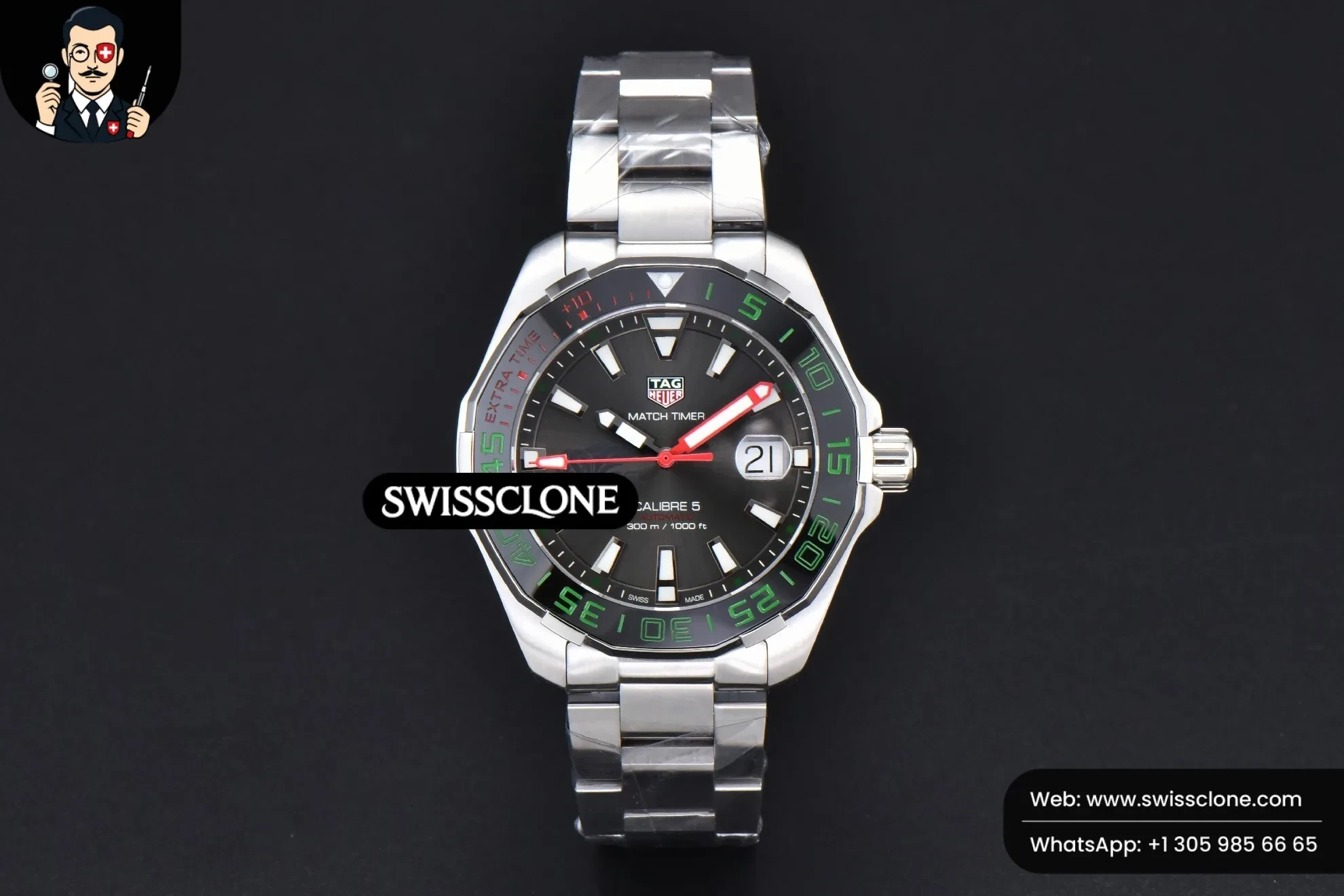 Rolex Tag Heuer Aquaracer Calibre 5 GMT OF 43mm Green/Red Bezel Black Dial SW200 1:1 Super Clone - Dial Macro Close-Up