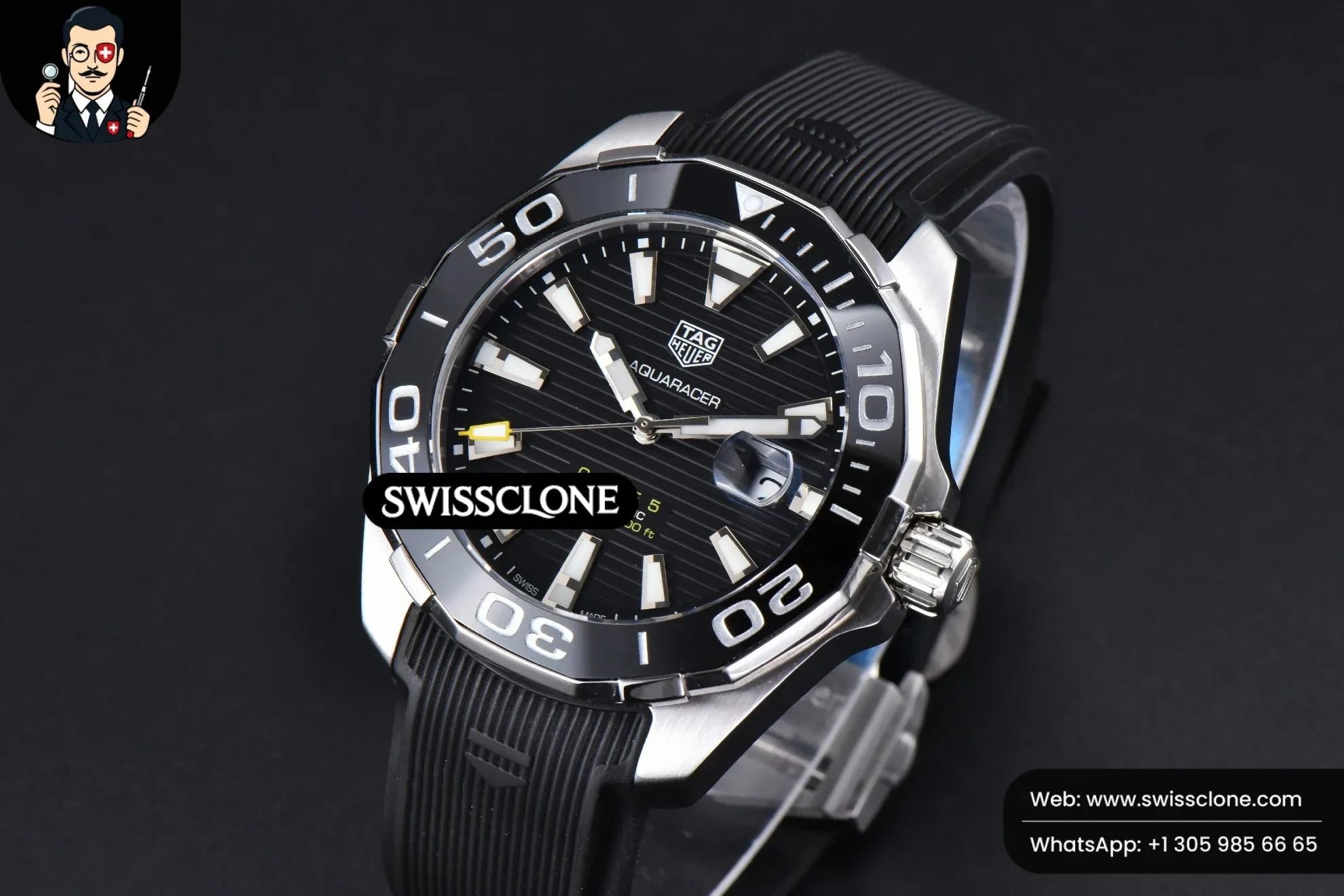 Rolex Tag Heuer Aquaracer Calibre 5 OF 43mm Black Dial Black Bezel Rubber SW200 1:1 Super Clone - Bezel & Case Profile