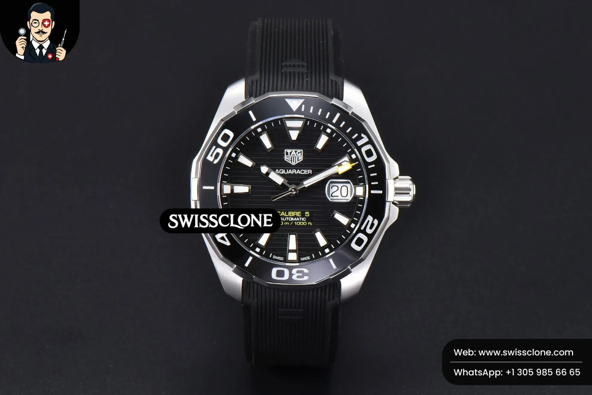 Rolex Tag Heuer Aquaracer Calibre 5 OF 43mm Black Dial Black Bezel Rubber SW200 1:1 Super Clone - Dial Macro Close-Up