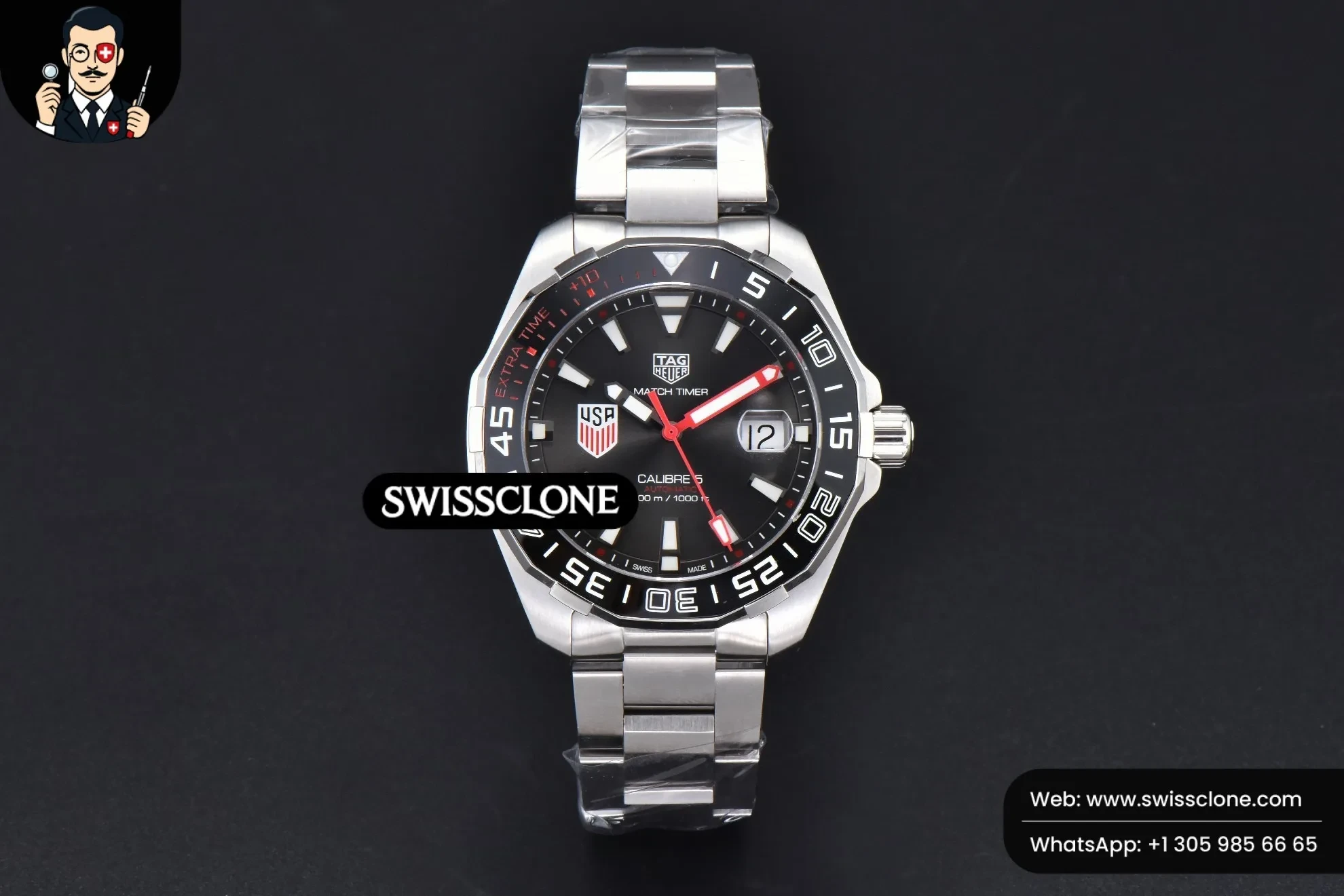 Rolex Tag Heuer Aquaracer Calibre 5 OF 43mm Black Dial Red Hands SW200 1:1 Super Clone - Dial Macro Close-Up