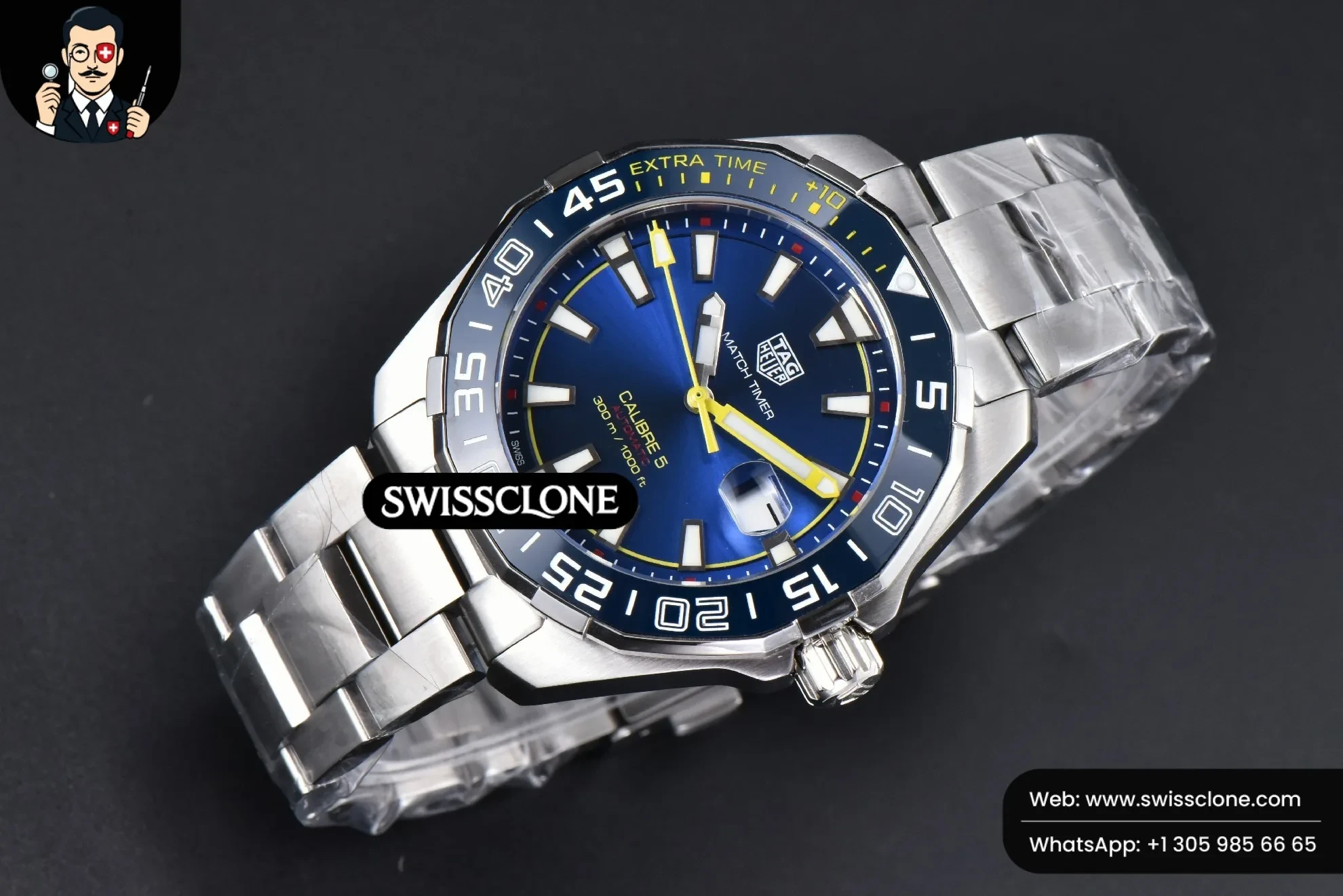 Rolex Tag Heuer Aquaracer Calibre 5 OF 43mm Blue Dial Blue Bezel Yellow Hands SW200 1:1 Super Clone - Bezel & Case Profile