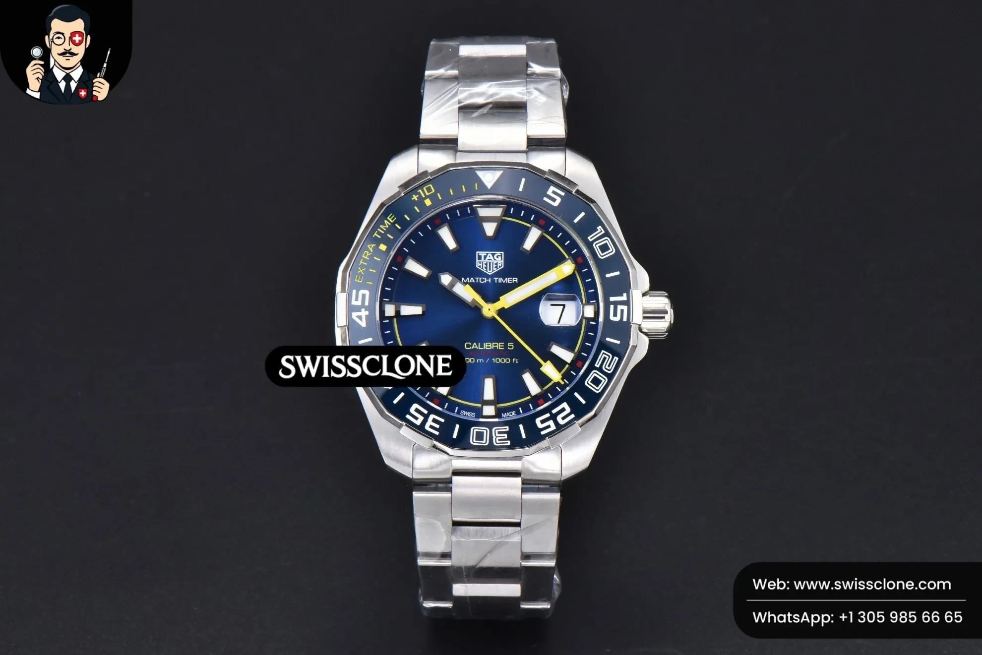 Rolex Tag Heuer Aquaracer Calibre 5 OF 43mm Blue Dial Blue Bezel Yellow Hands SW200 1:1 Super Clone - Dial Macro Close-Up