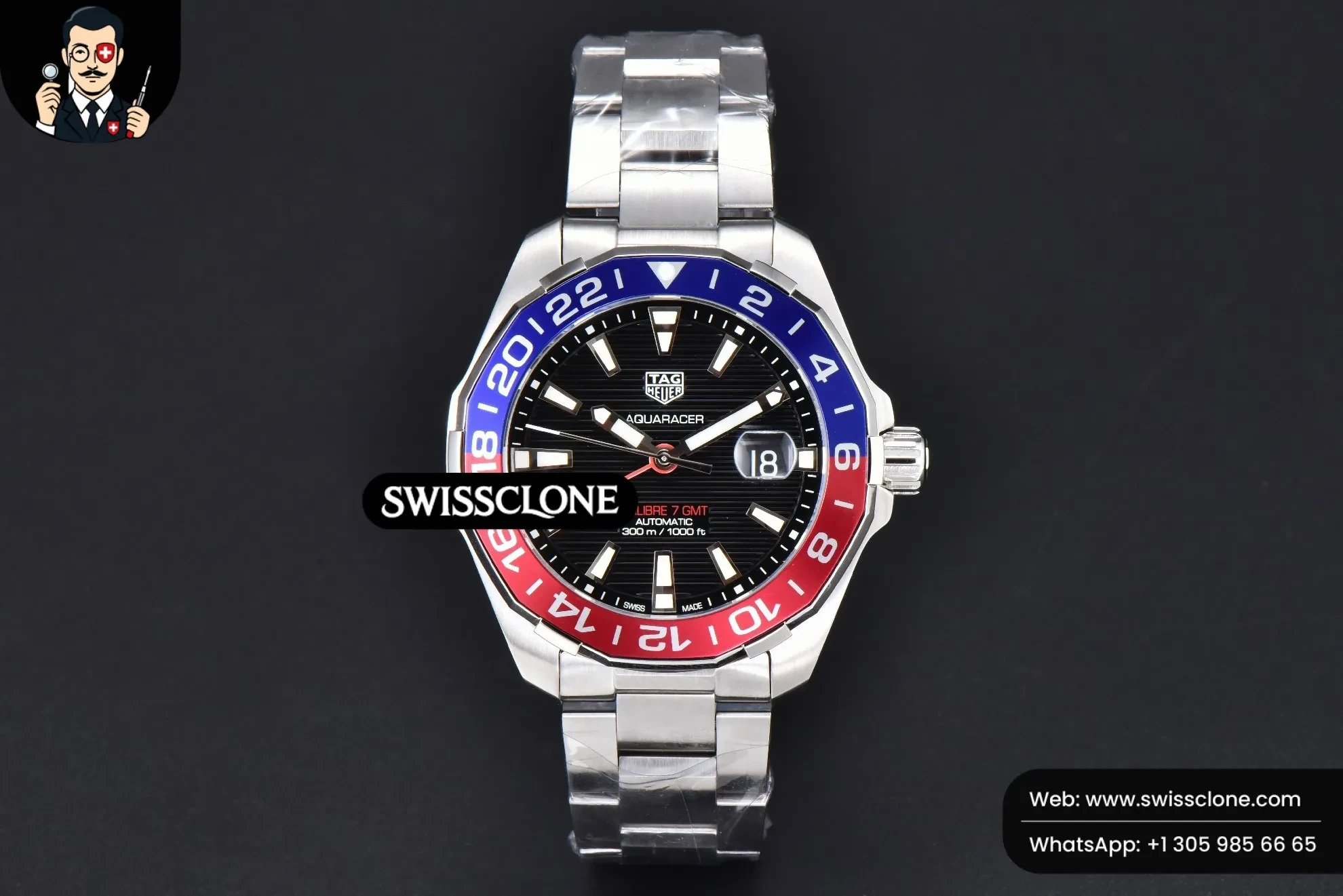 Rolex Tag Heuer Aquaracer Calibre 7 GMT OF 43mm Blue/Red Bezel Black Dial SW200 1:1 Super Clone - Dial Macro Close-Up