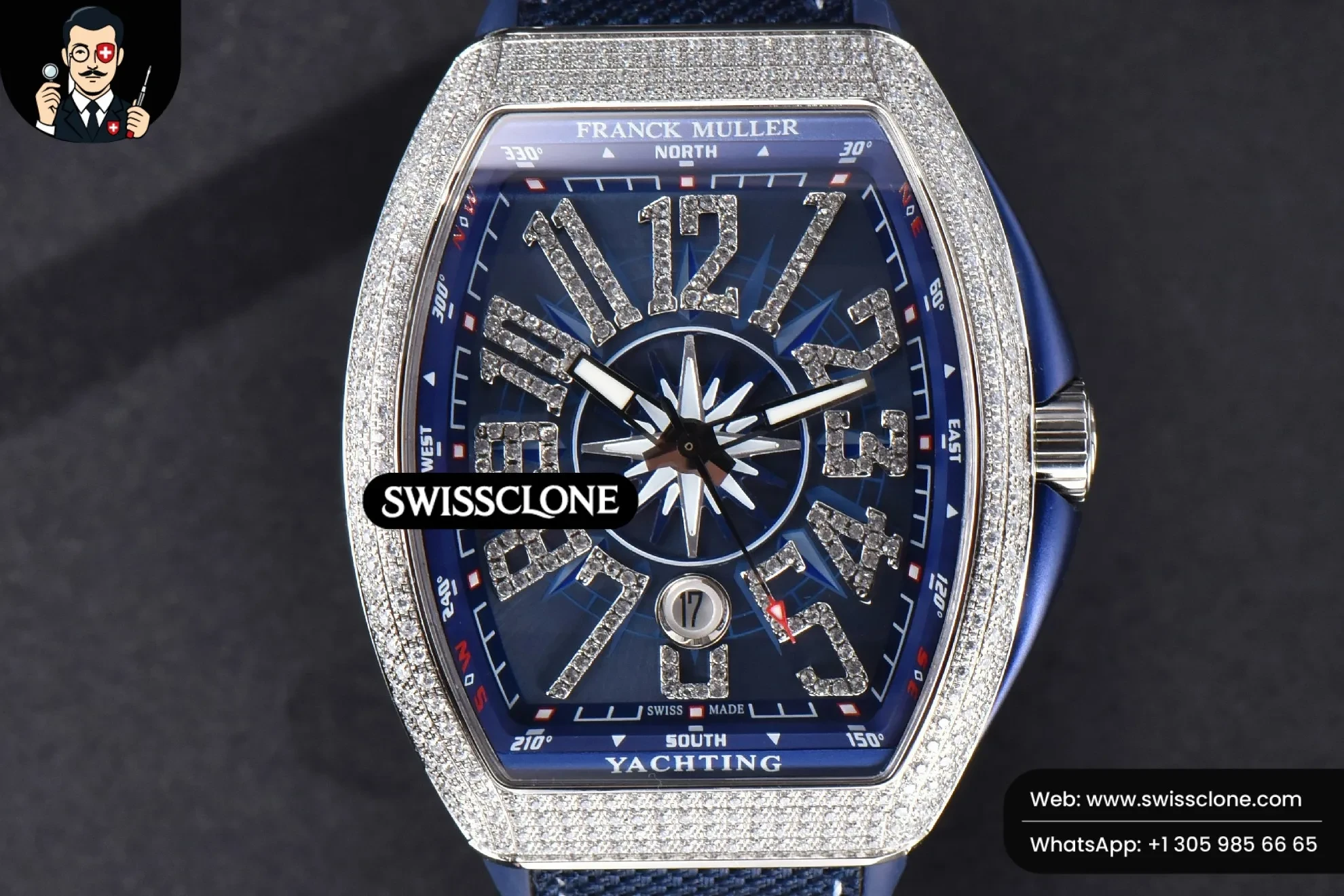 Rolex Vanguard V45 Full Diamonds Blue Textured Dial on Blue Rubber 9015 1:1 Super Clone - Bezel & Case Profile