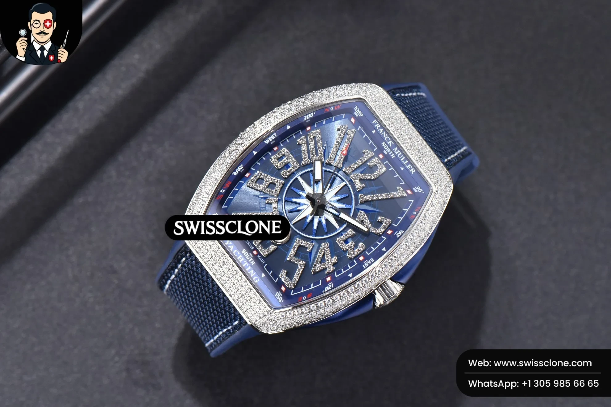 Rolex Vanguard V45 Full Diamonds Blue Textured Dial on Blue Rubber 9015 1:1 Super Clone - Dial Macro Close-Up