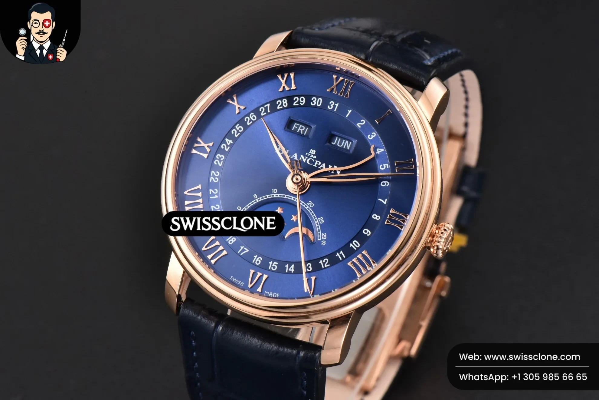 Rolex Villeret 6654 40mm Complicated Function OMF Blue Dial Black Leather 1:1 Super Clone - Bezel & Case Profile