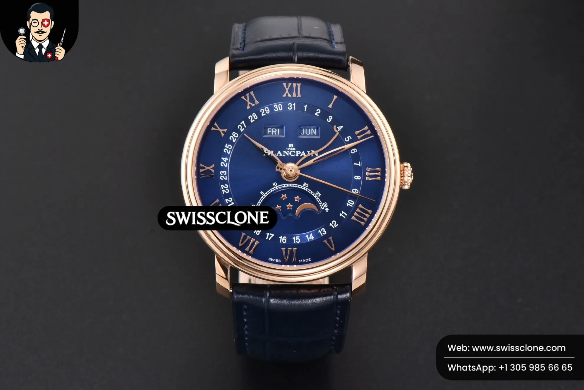 Rolex Villeret 6654 40mm Complicated Function OMF Blue Dial Black Leather 1:1 Super Clone - Dial Macro Close-Up
