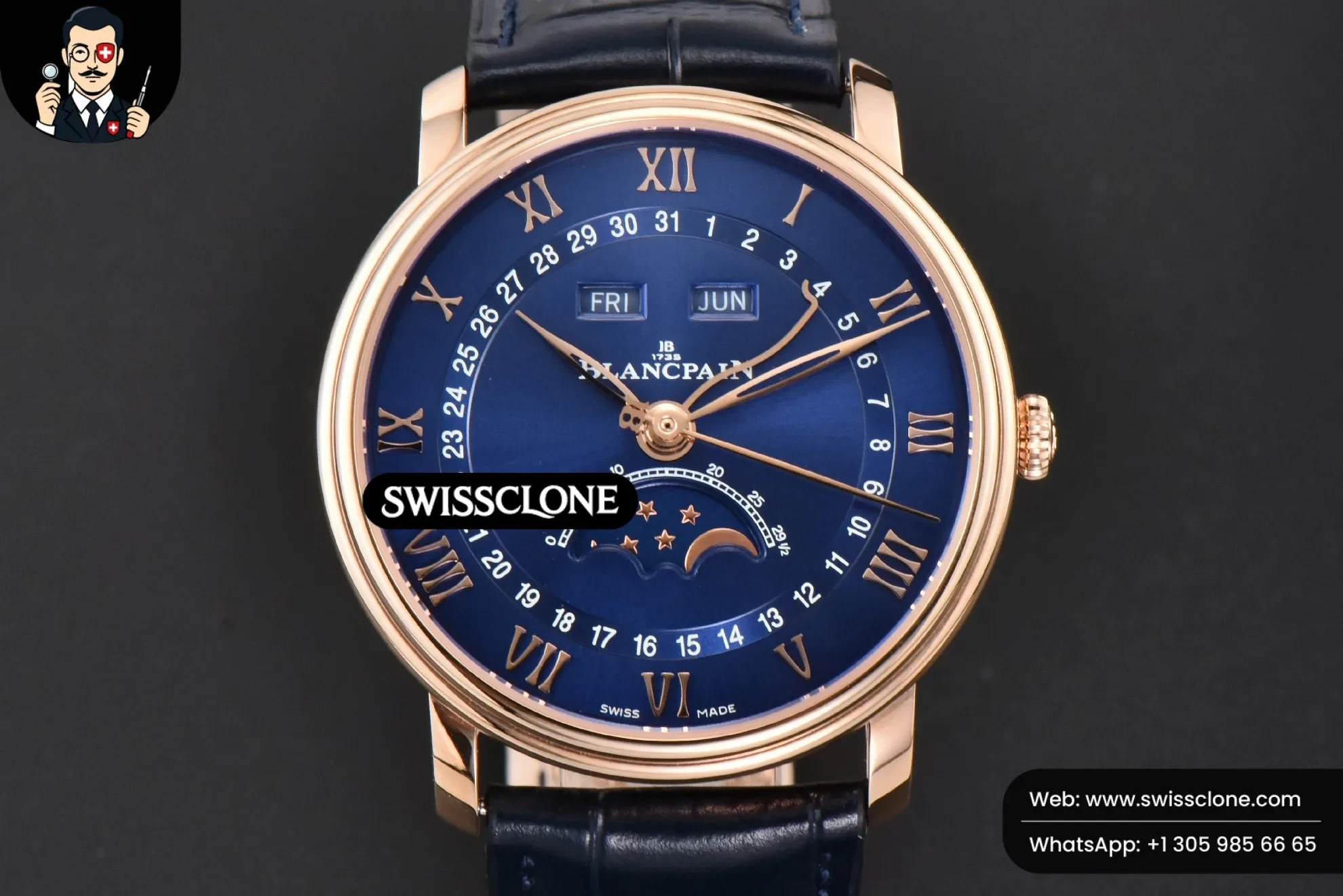 Villeret 6654 40mm Complicated Function OMF Blue Dial Black Leather