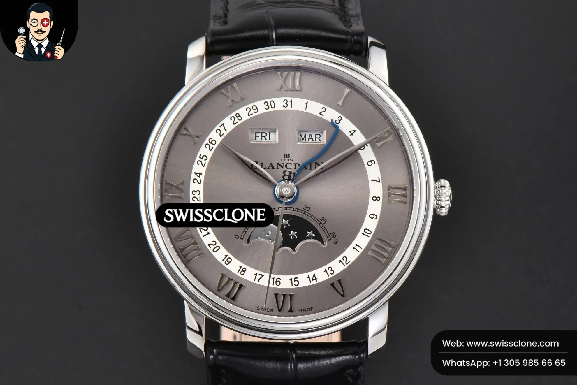 Villeret 6654 40mm Complicated Function OMF Silver Dial Black Leather