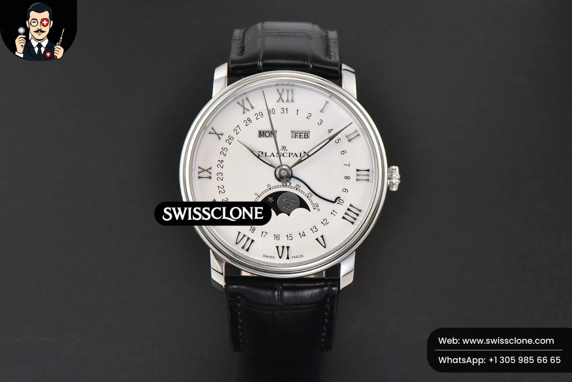 Rolex Villeret 6654 40mm Complicated Function OMF White Dial Black Leather 1:1 Super Clone - Dial Macro Close-Up