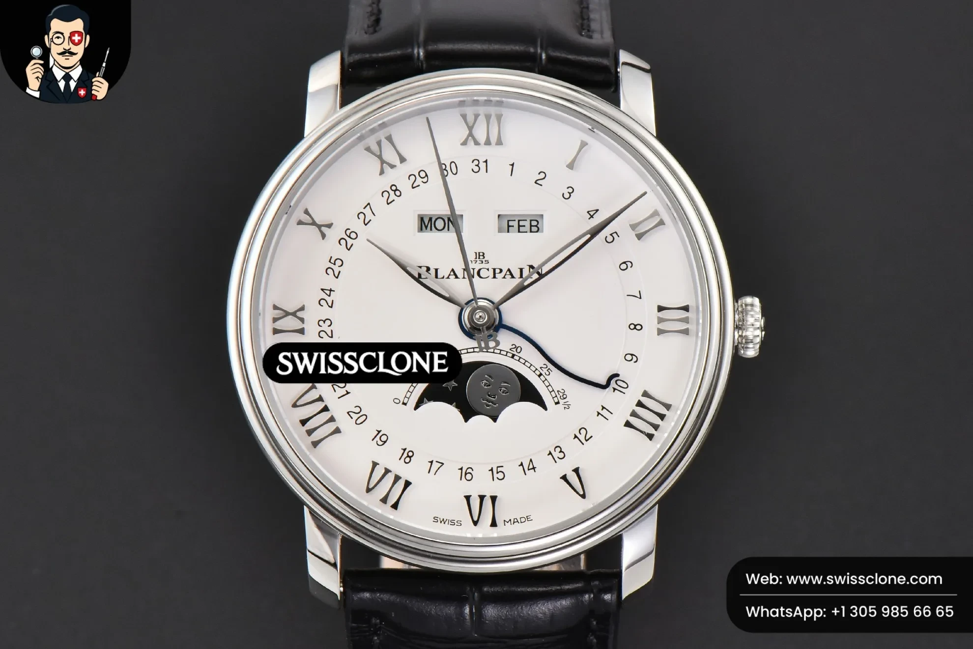Villeret 6654 40mm Complicated Function OMF White Dial Black Leather