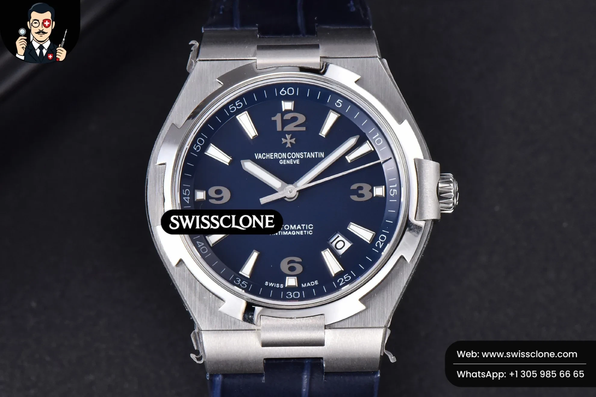 Vacheron Constantin Overseas 47040 MKF 42mm Blue Dial Leather 9015 - 45-Degree Case Profile & Crown View | 1:1 Swiss Super Clone