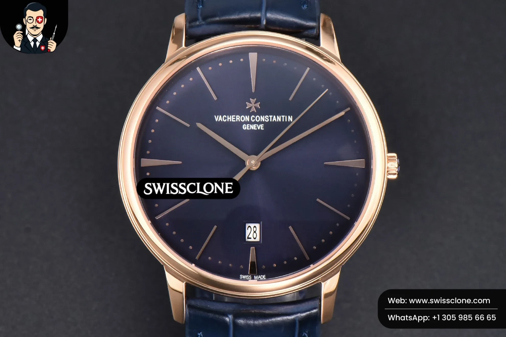 Vacheron Constantin Patrimony Date 40mm Blue Dial Blue Leather 9015 1:1 Super Clone - Dial Macro Close-Up